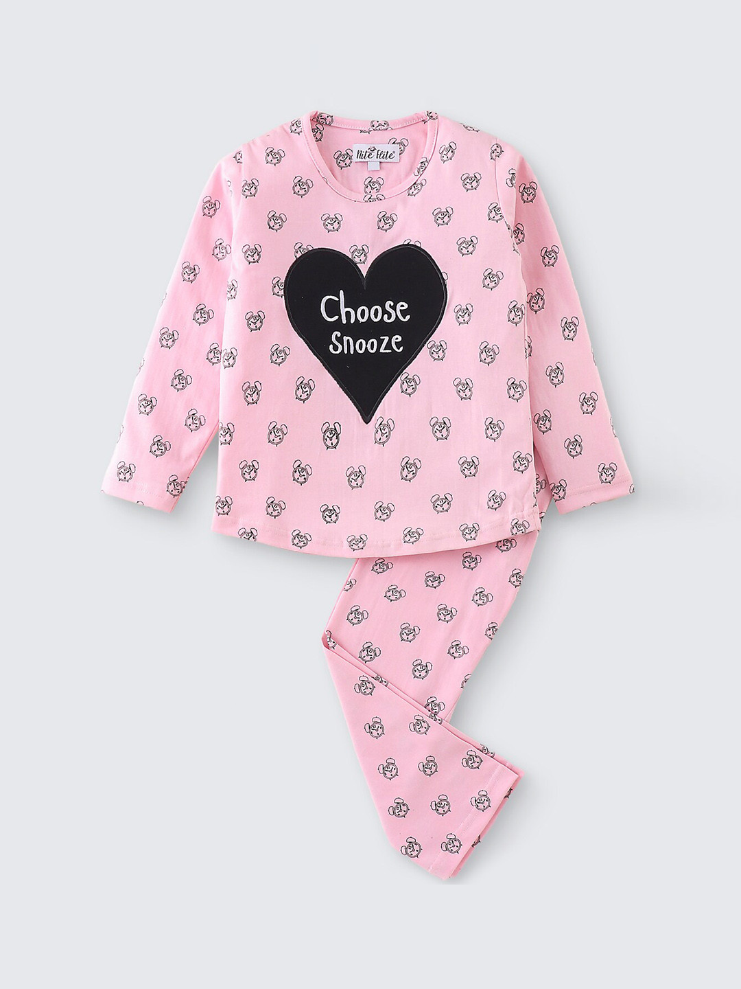 

Nite Flite Girls Graphic Printed Round Neck Pure Cotton Night suit, Pink