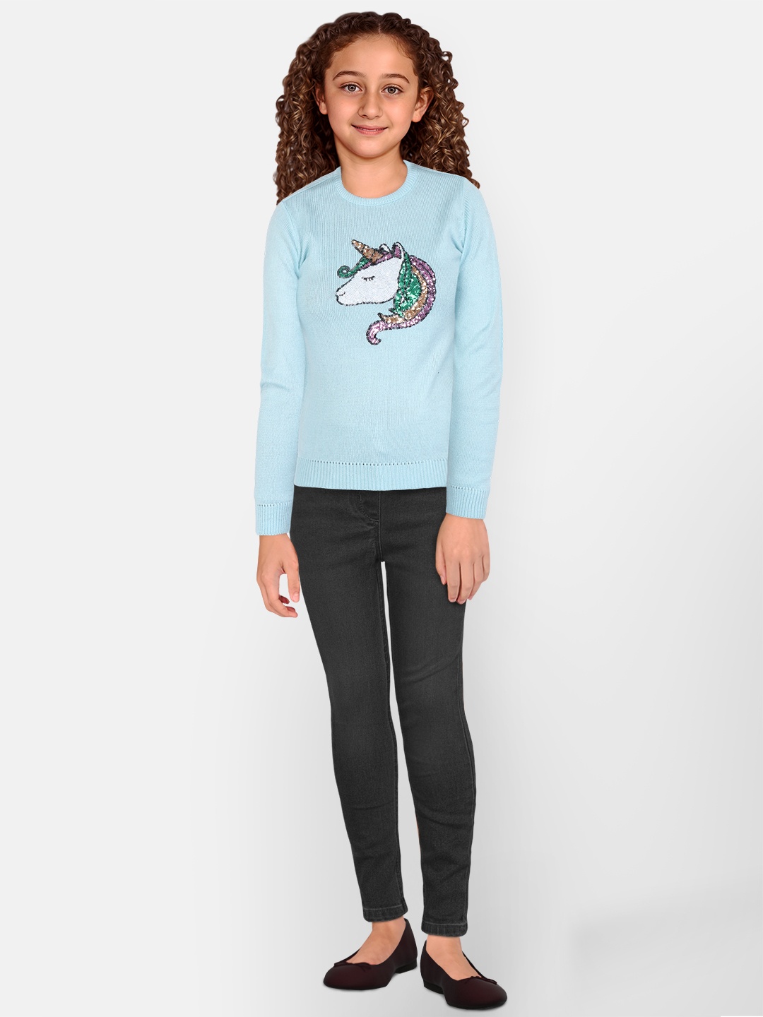 

Allen Solly Junior Girls Graphic Printed Sequinned Cotton Pullover Sweatshirt, Blue