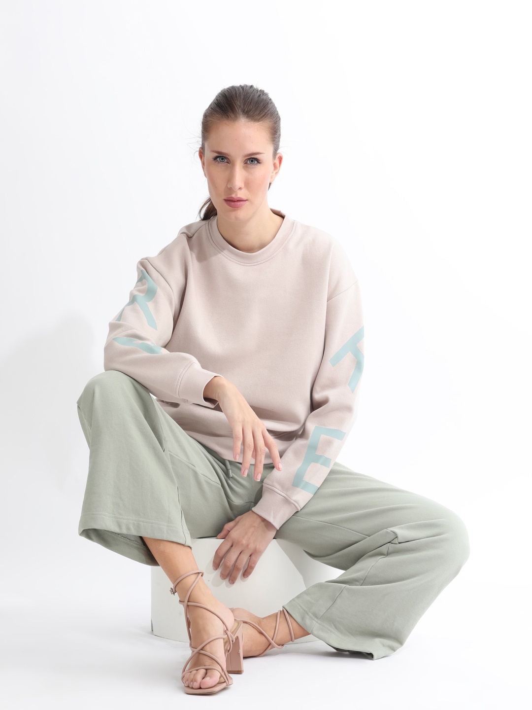 

ARTICALE Typography Printed Round Neck Cotton Sweatshirt, Beige