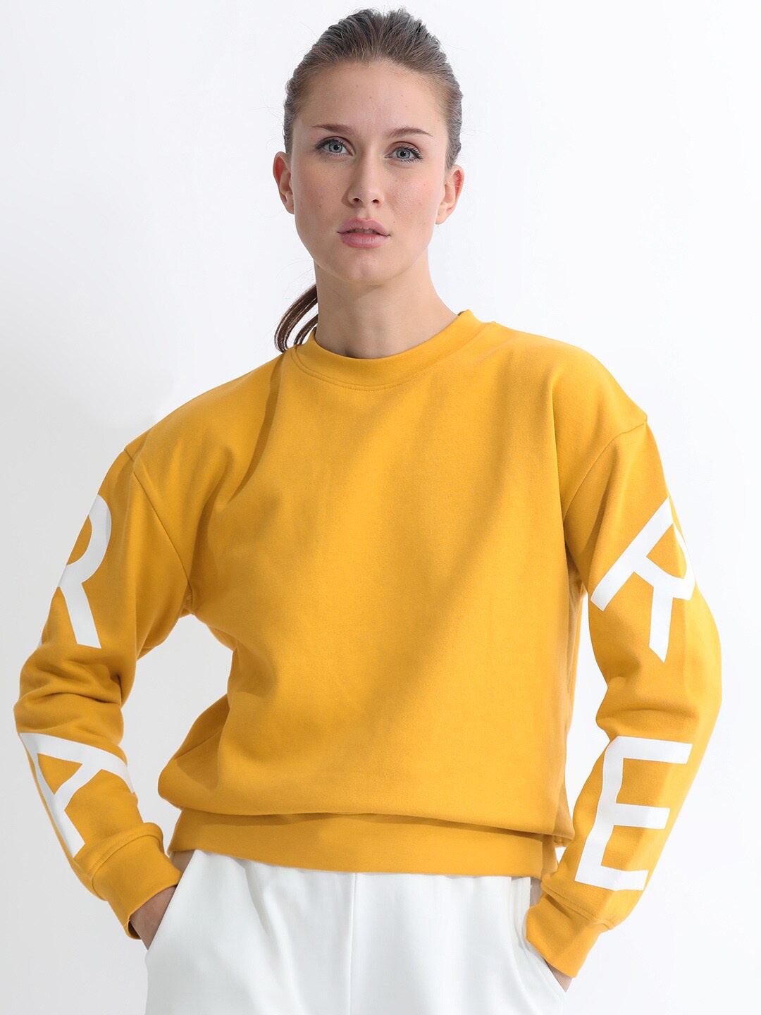 

ARTICALE Alphahumeric Printed Round Neck Cotton Pullover Sweatshirt, Mustard