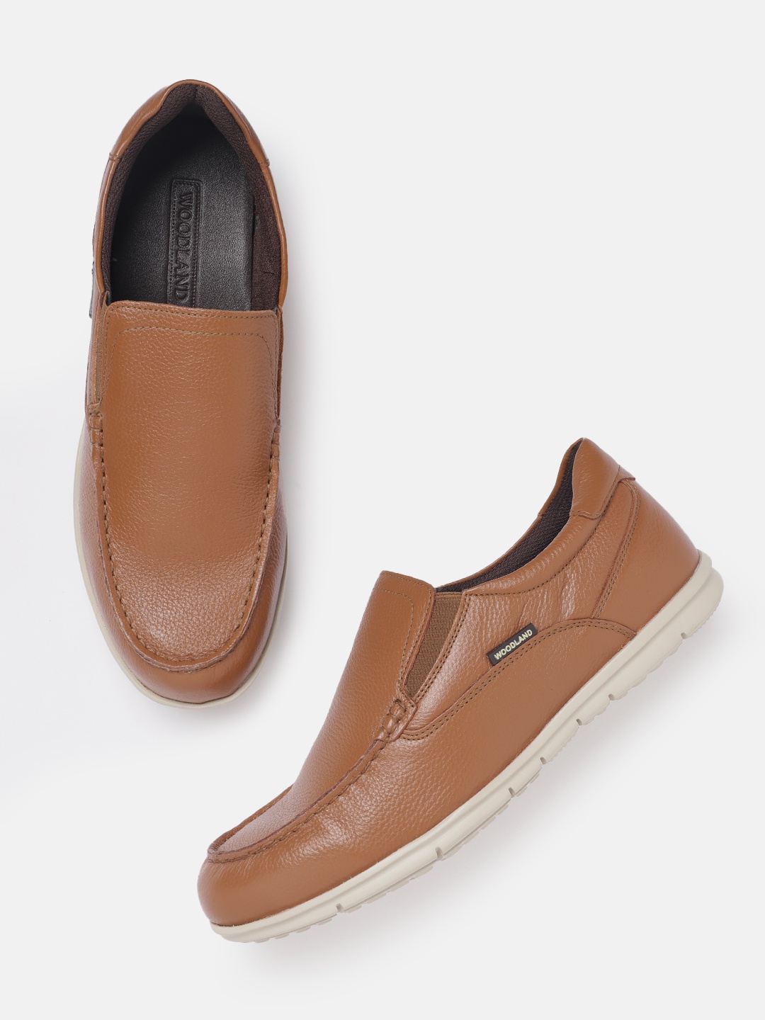 

Woodland Men Round Toe Lace Leather Slip-On Sneakers, Tan