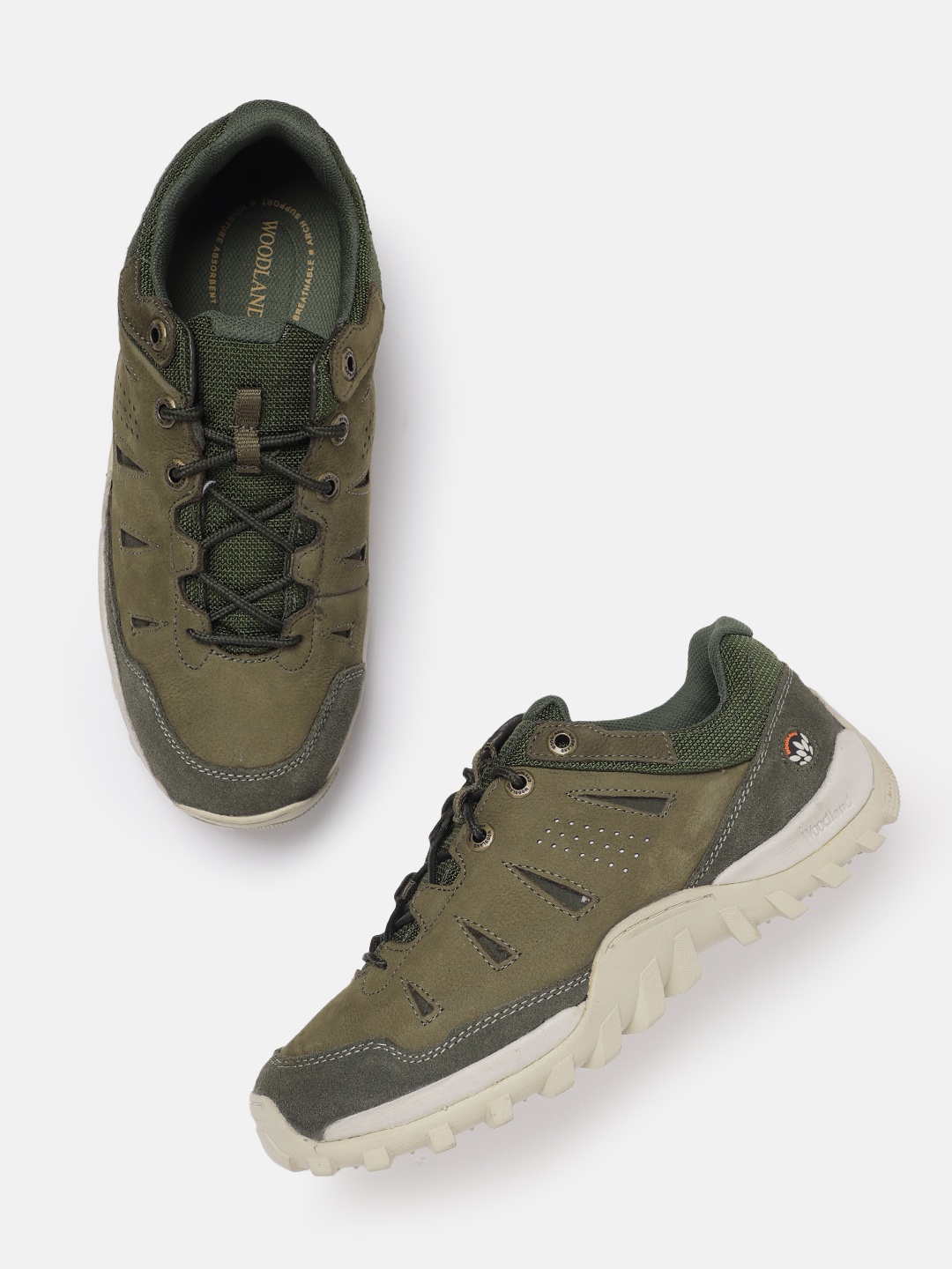 

Woodland Men Woven Design Leather Sneakers, Olive