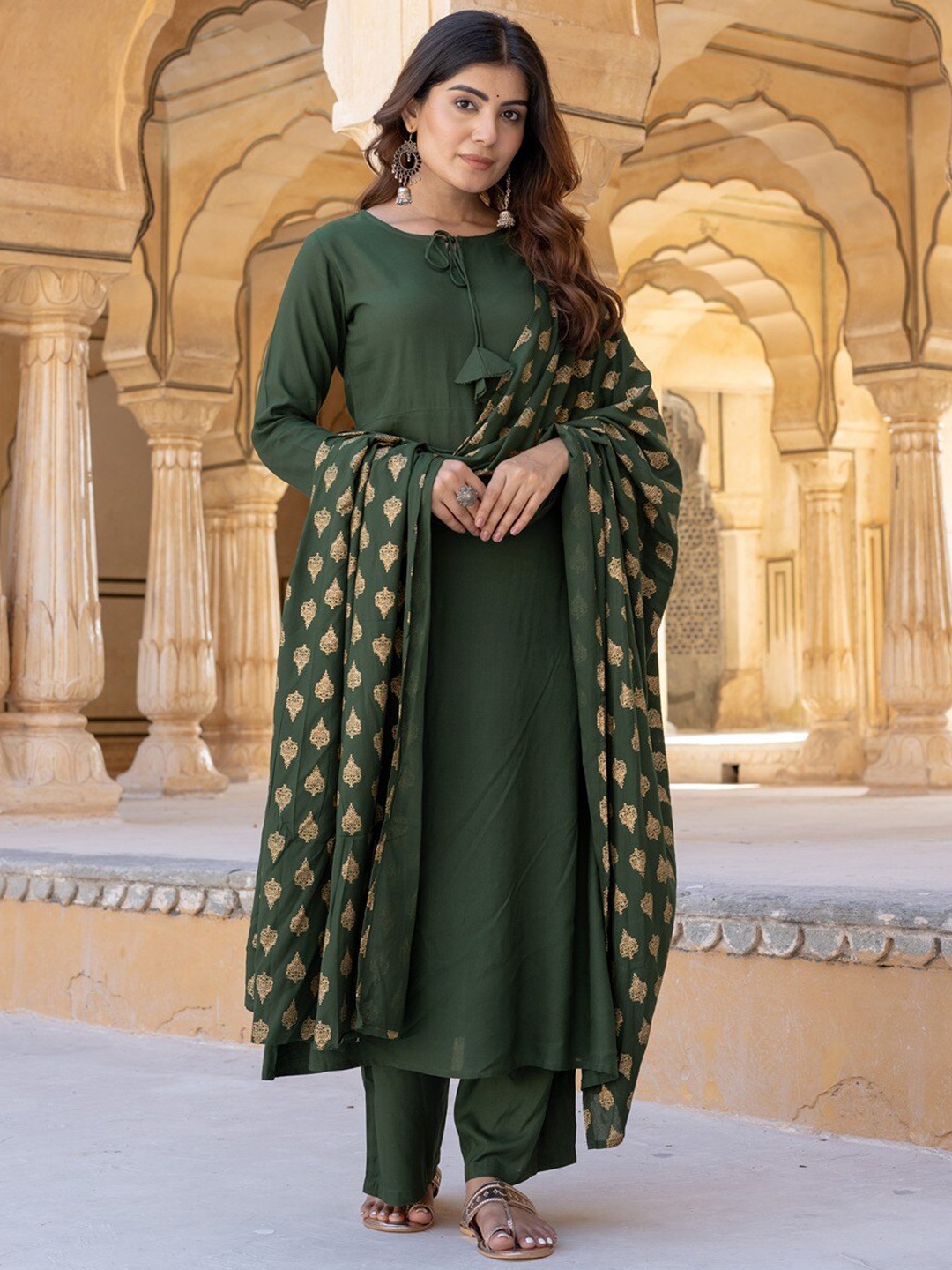 

Yufta Regular Tie-Up Neck A-Line Kurta With Palazzos & Dupatta, Green