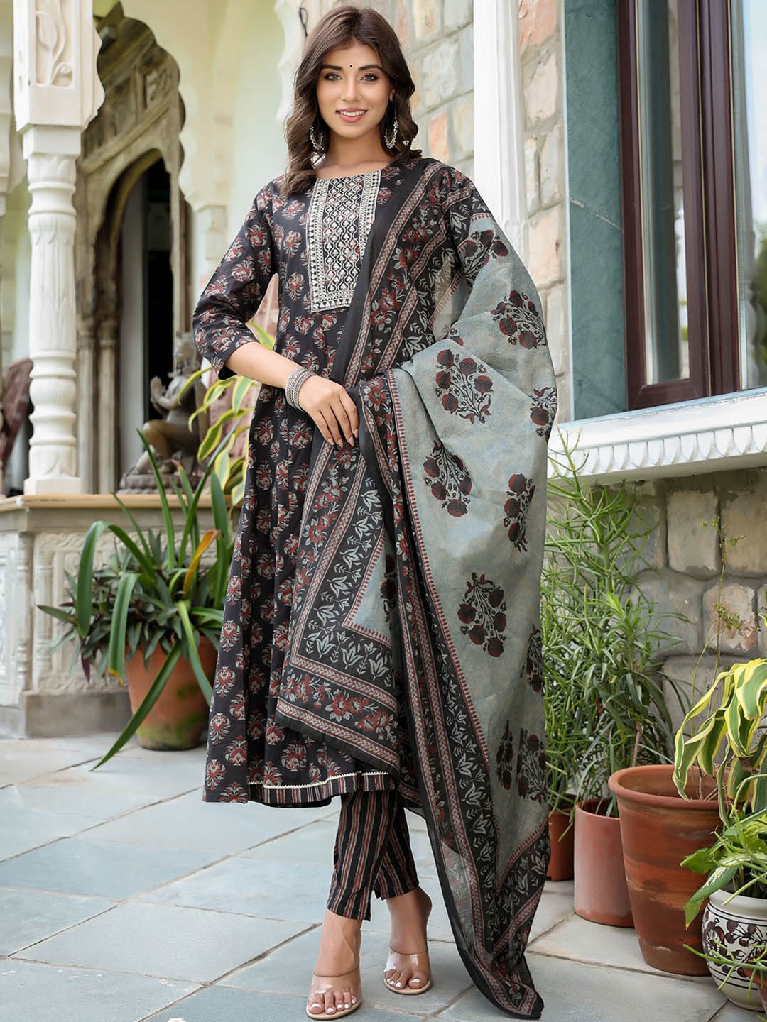 

Yufta Ethnic Motifs Printed Sequinned Pure Cotton Anarkali Kurta With Trousers & Dupatta, Black