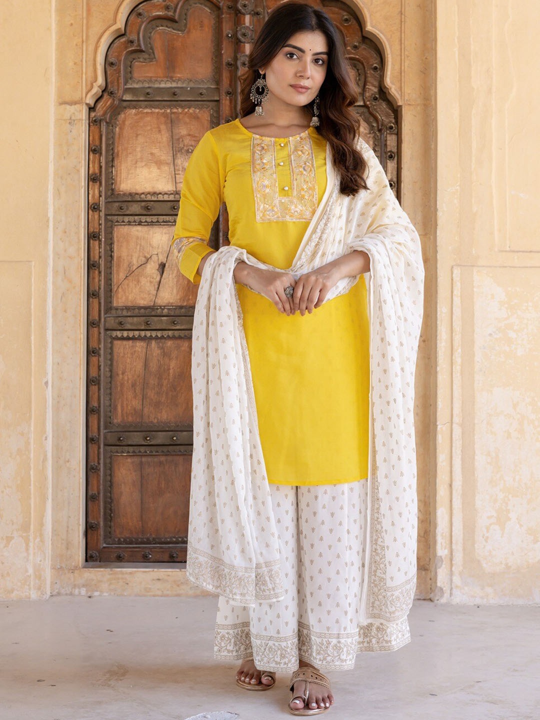 

Yufta Ethnic Motifs Yoke Design Regular Thread Work Kurta With Palazzos & Dupatta, Yellow