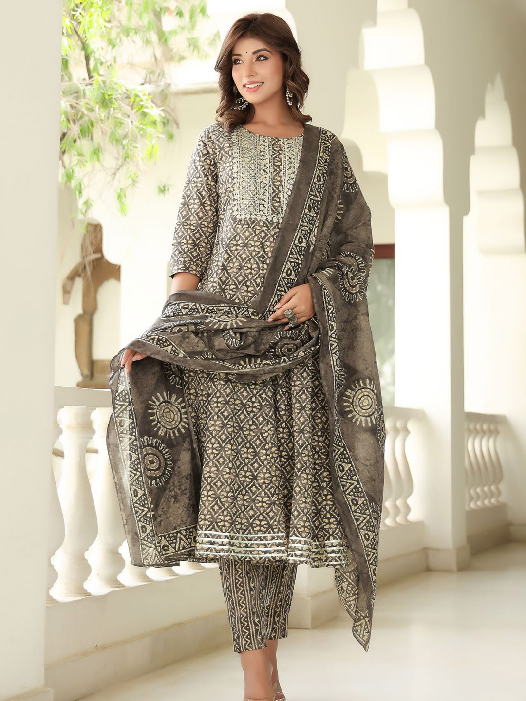 

Yufta Geometrci Printed Empire Sequinned Pure Cotton Kurta With Trousers & Dupatta, Brown