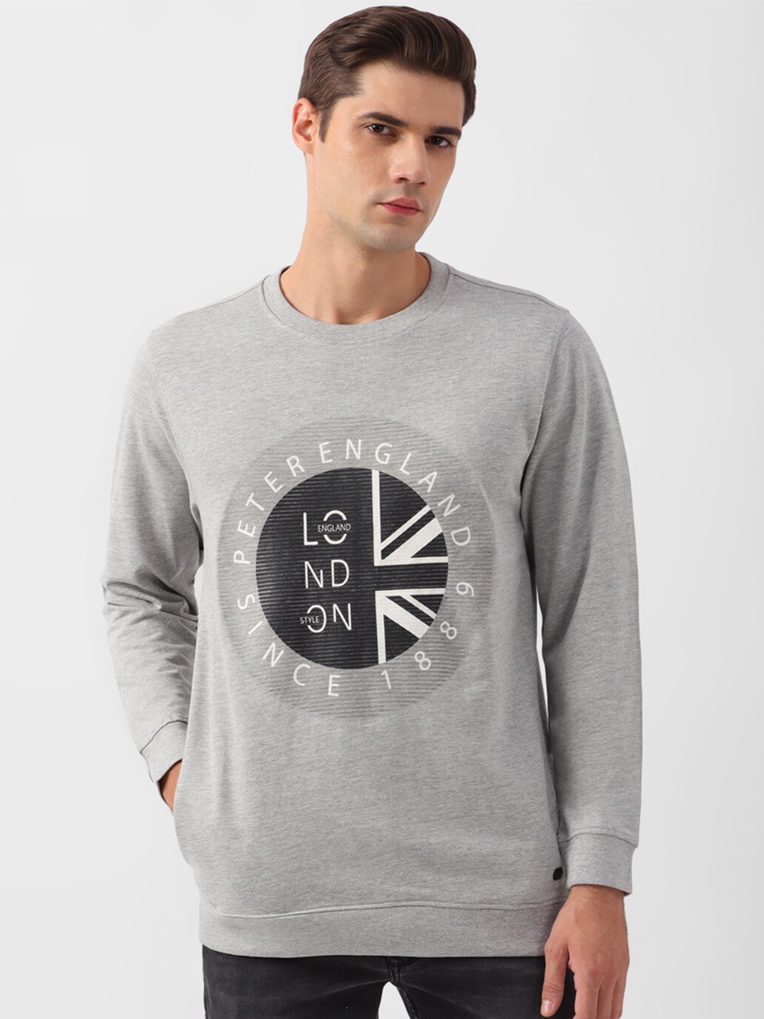 

Peter England Casuals Graphic Printed Cotton Pullover, Grey