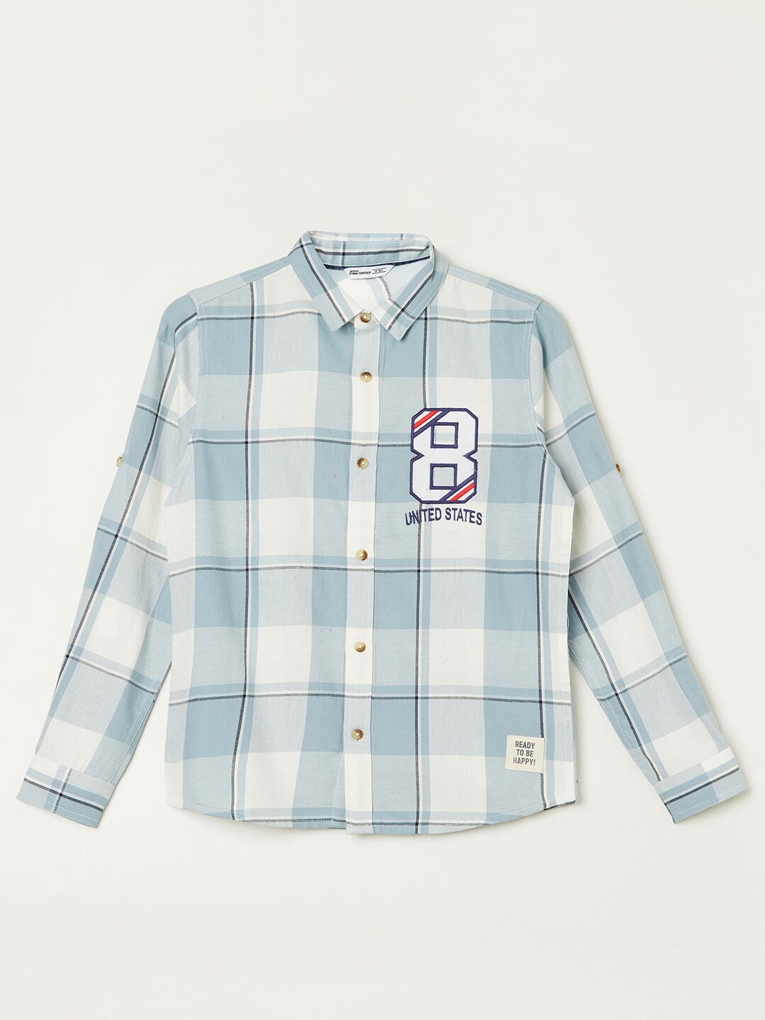 

Fame Forever by Lifestyle Boys Checked Spread Collar Roll Up Sleeves Pure Cotton Shirt, Blue