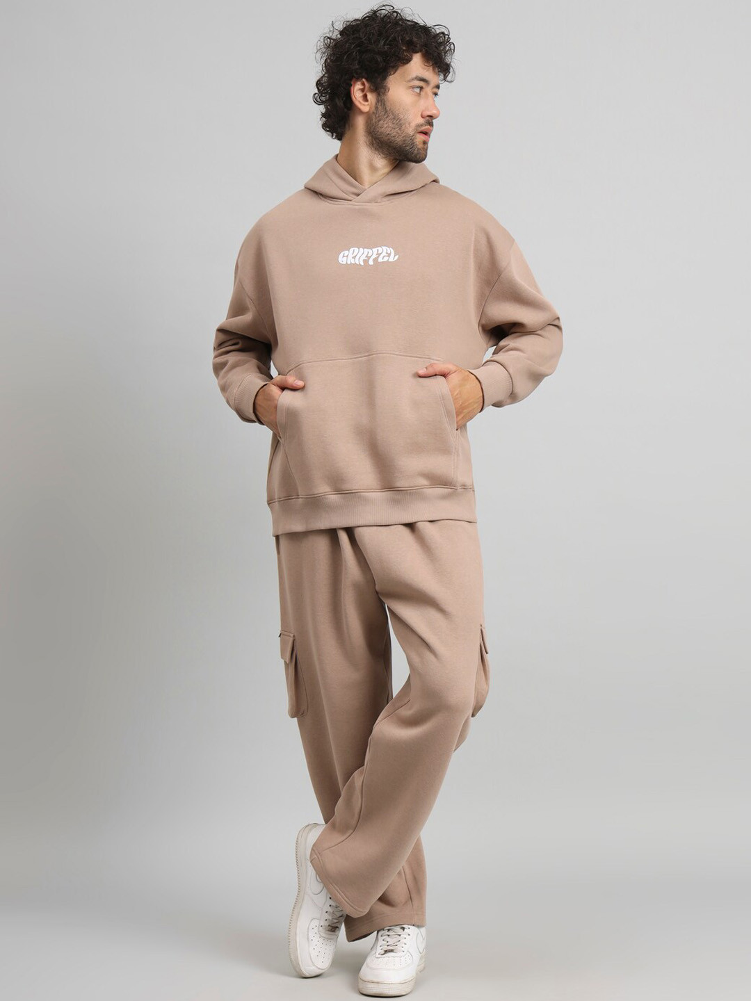 

GRIFFEL Typography Printed Hooded Tracksuit, Camel brown