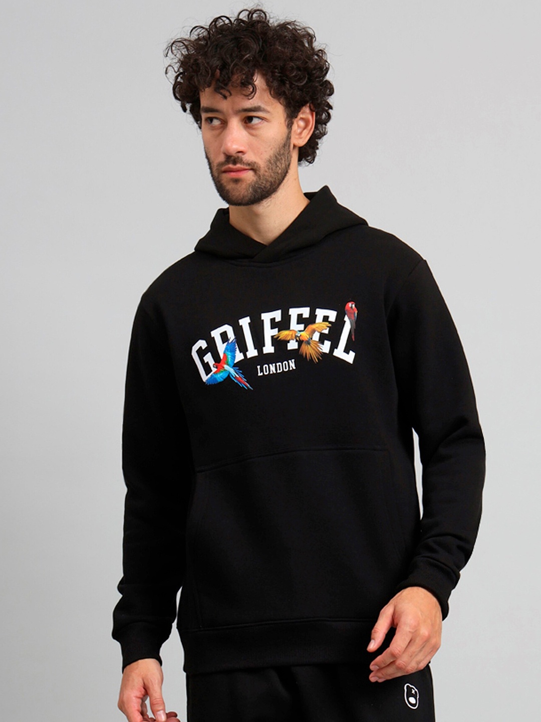 

GRIFFEL Printed Fleece Hooded Pullover Sweatshirt, Black