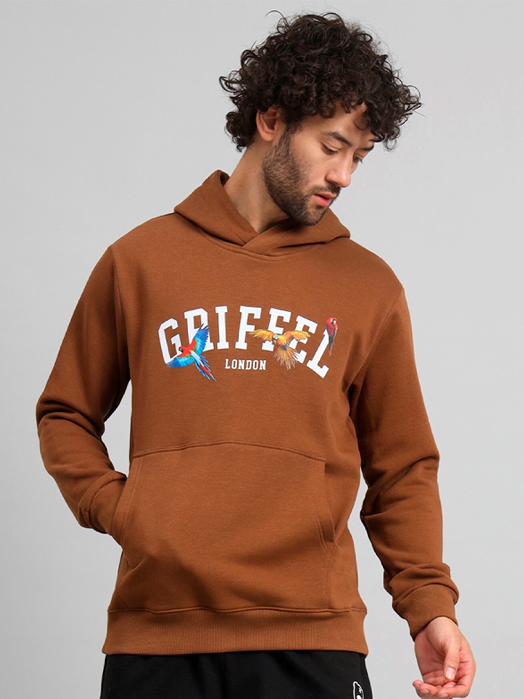 

GRIFFEL Typography Printed Hooded Fleece Pullover, Brown