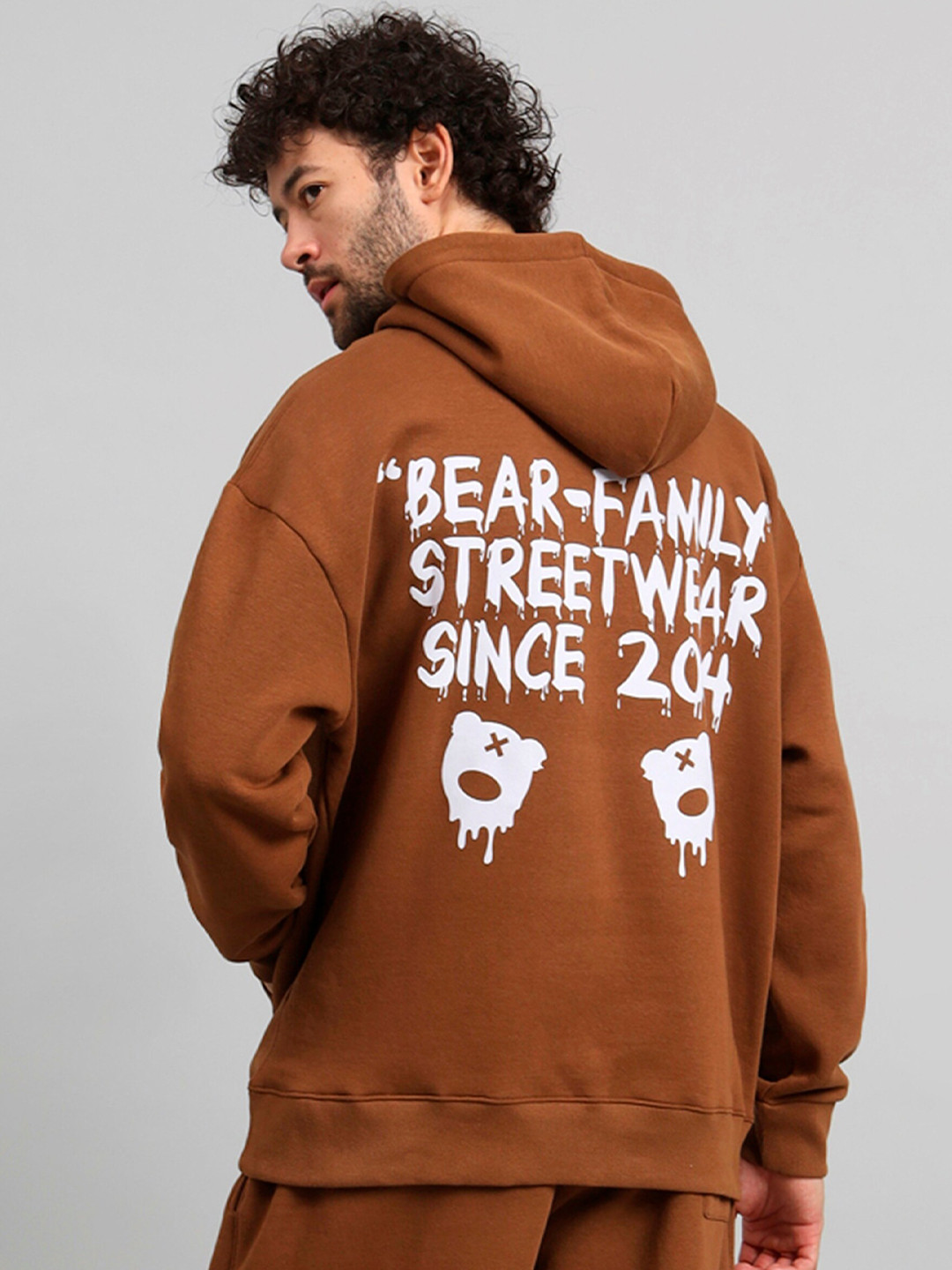 

GRIFFEL Typography Printed Hooded Fleece Pullover, Brown