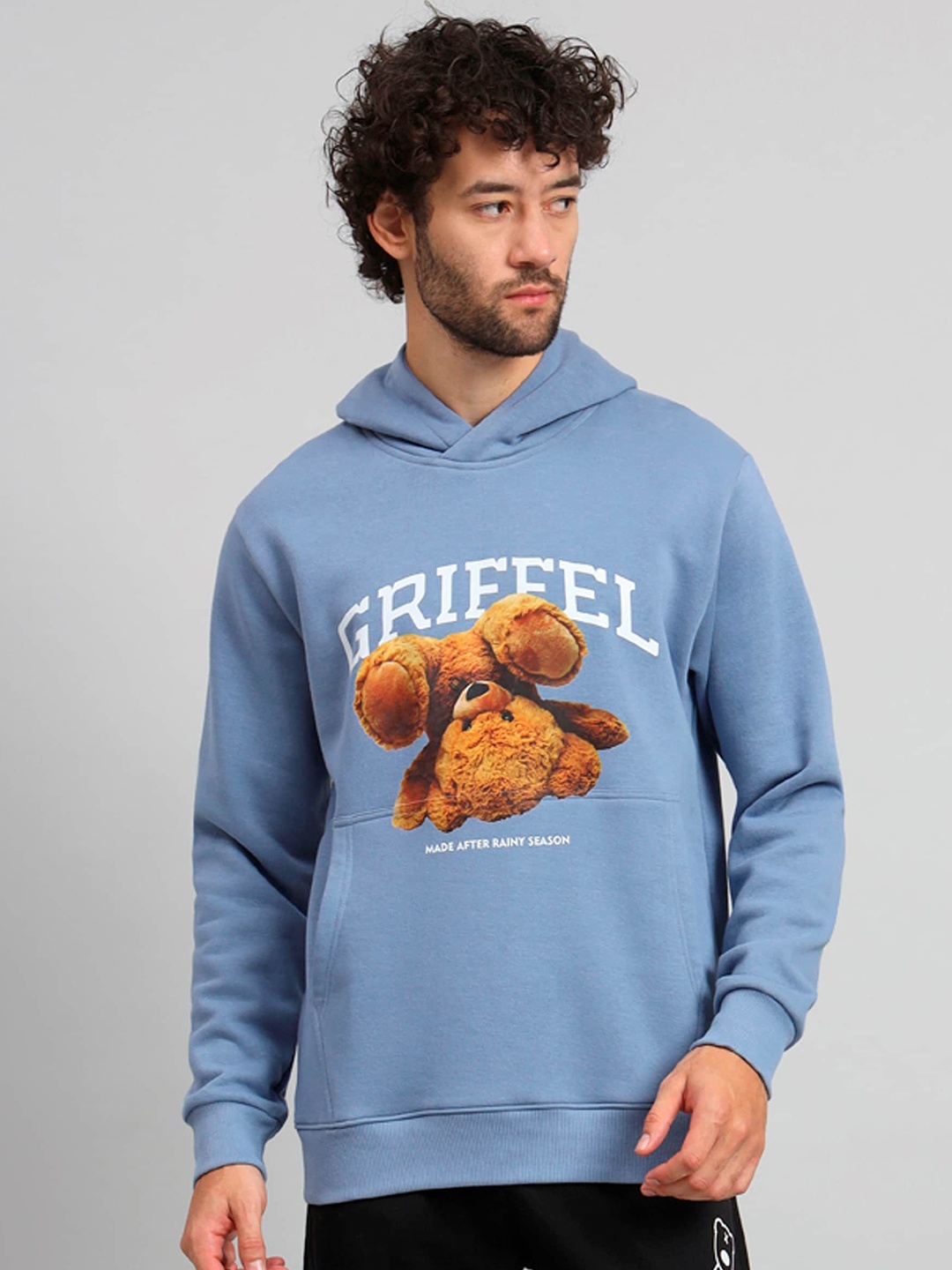 

GRIFFEL Brand Logo Printed Hooded Fleece Sweatshirt, Blue