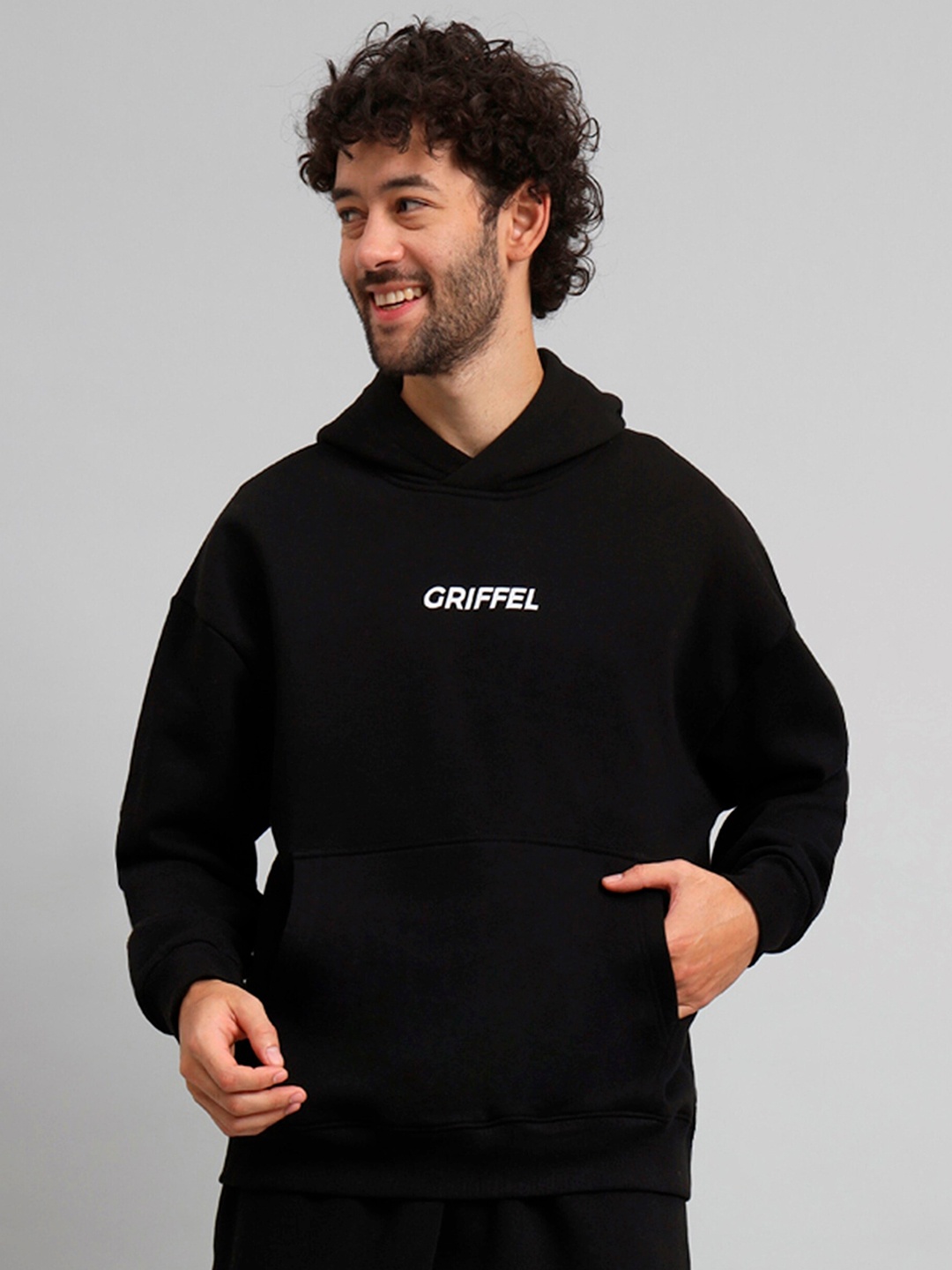 

GRIFFEL Typography Printed Hooded Fleece Pullover Sweatshirt, Black