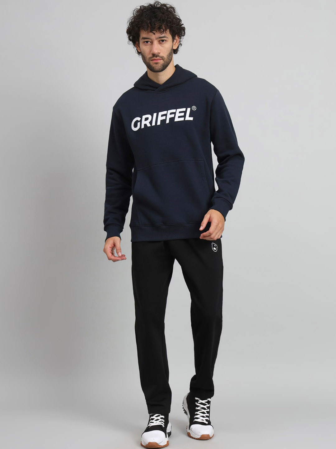 

GRIFFEL Typography Printed Hooded Fleece Cotton Tracksuits, Navy blue
