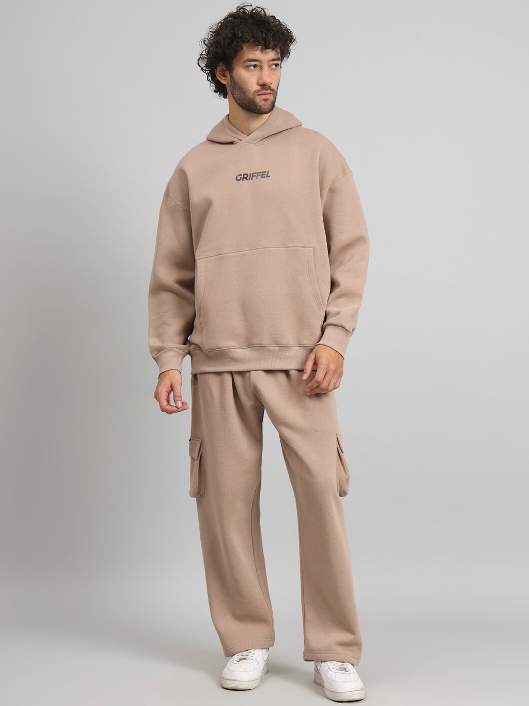 

GRIFFEL Typography Printed Hooded Fleece Cotton Tracksuits, Cream