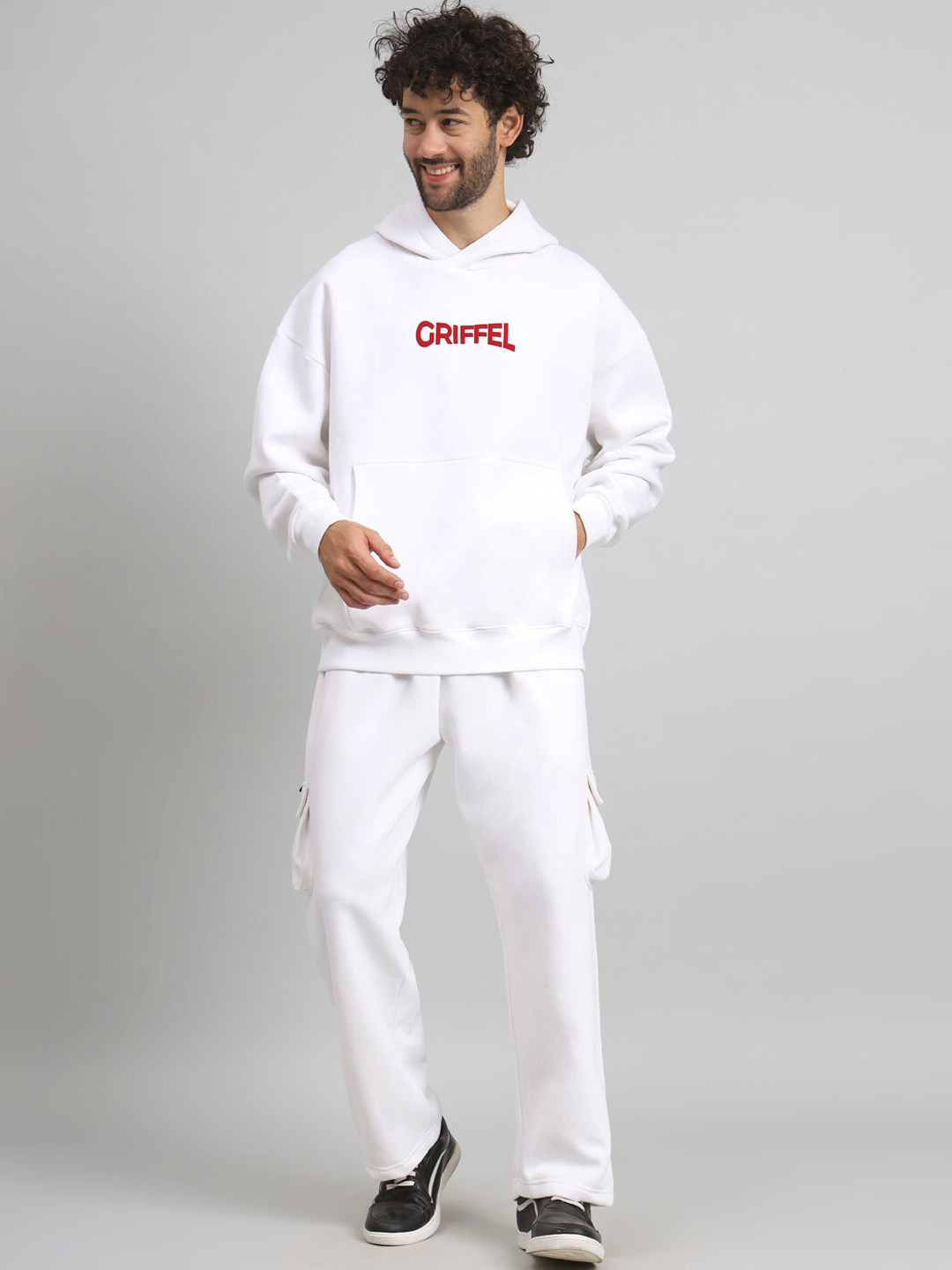 

GRIFFEL Typography Printed Hooded Fleece Cotton Tracksuits, White