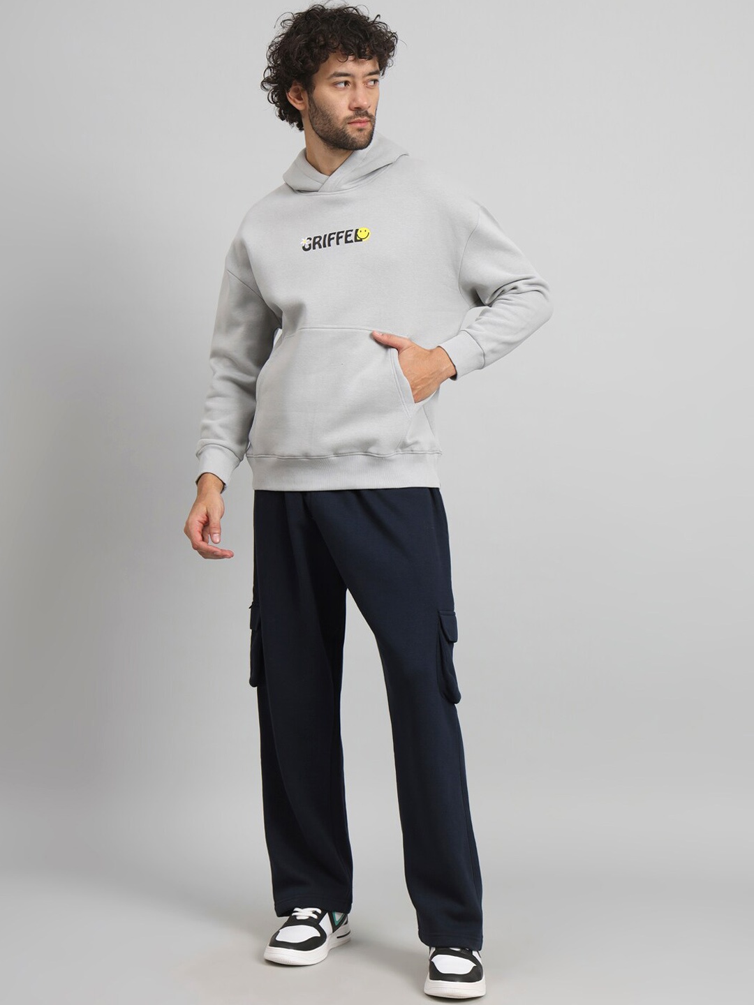 

GRIFFEL Typography Printed Hooded Fleece Cotton Tracksuits, Grey melange