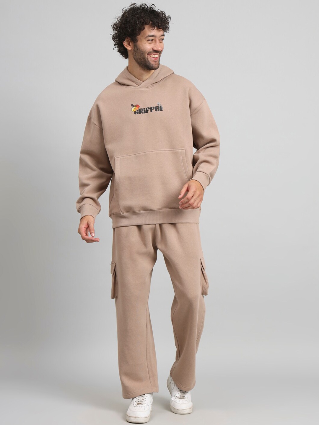 

GRIFFEL Typography Printed Hooded Fleece Cotton Tracksuits, Cream