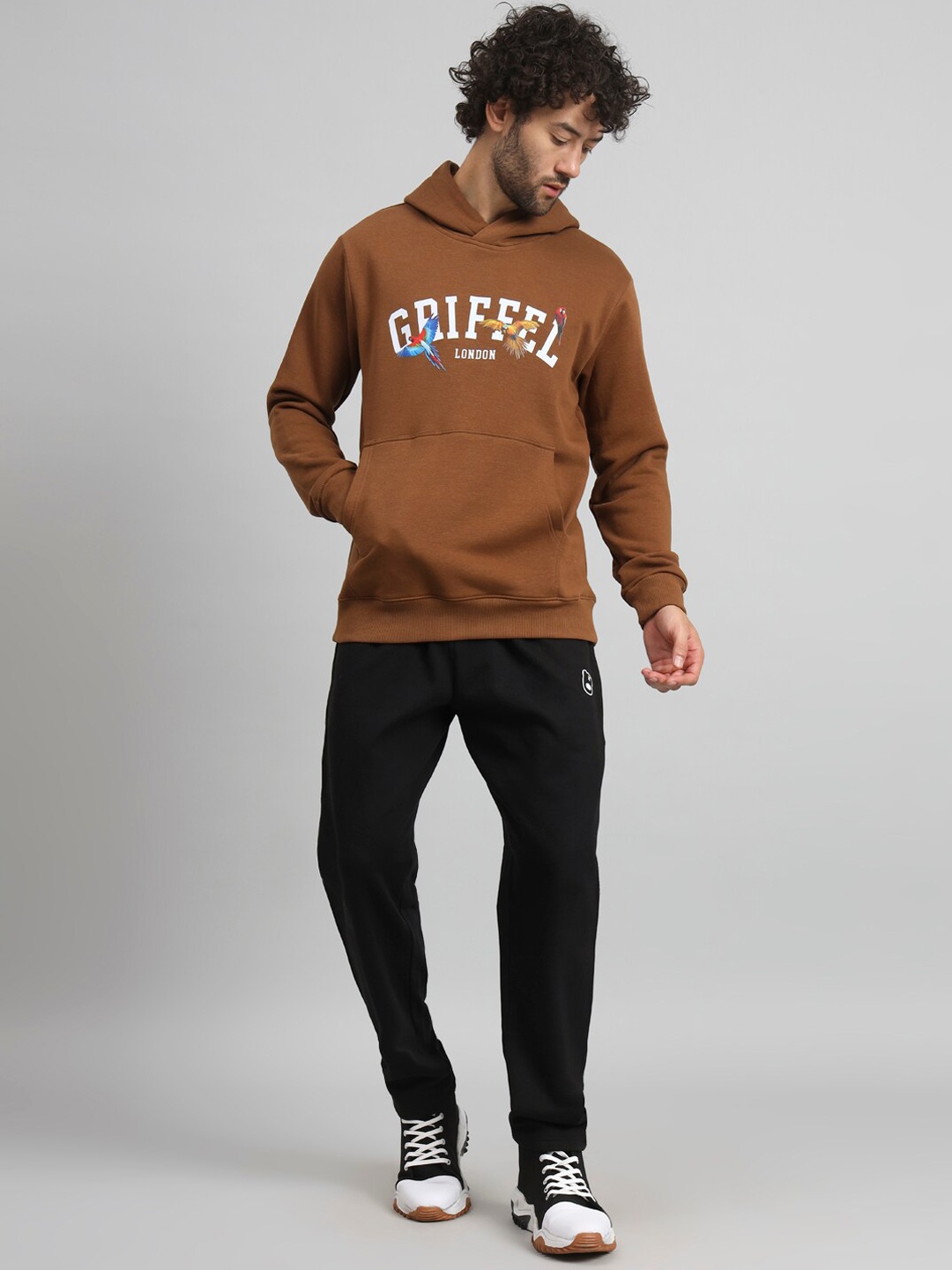 

GRIFFEL Typography Printed Hooded Fleece Tracksuits, Brown