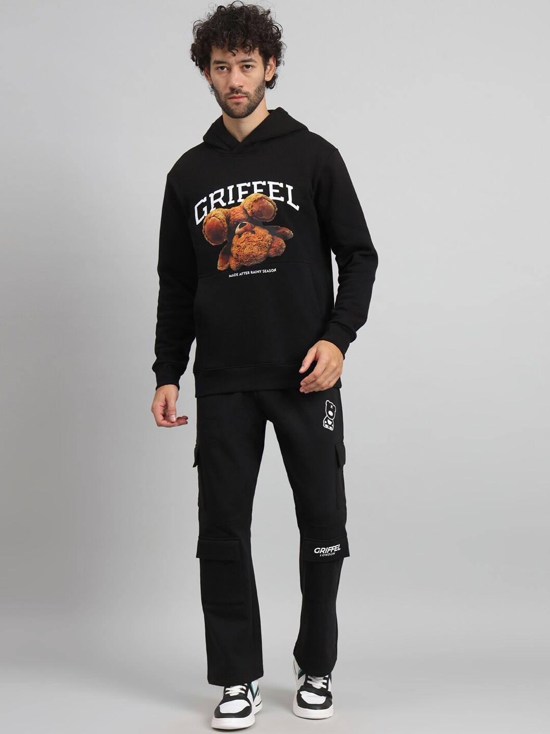 

GRIFFEL Graphic Printed Hooded Fleece Cotton Tracksuit, Black