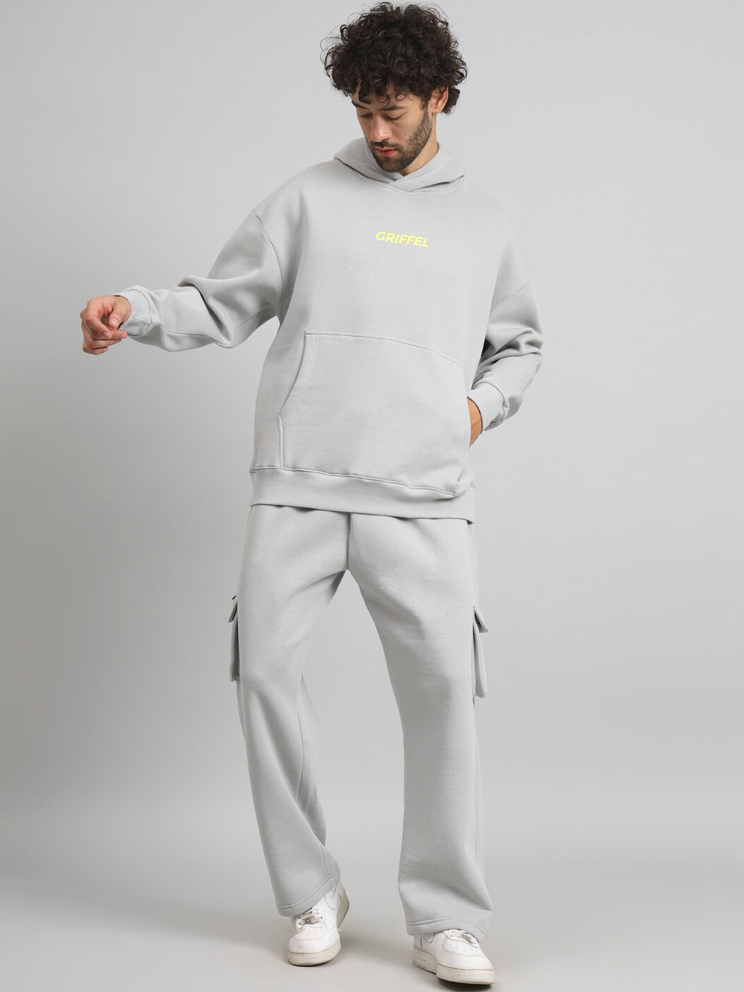 

GRIFFEL Typography Printed Hooded Fleece Cotton Tracksuit, Grey
