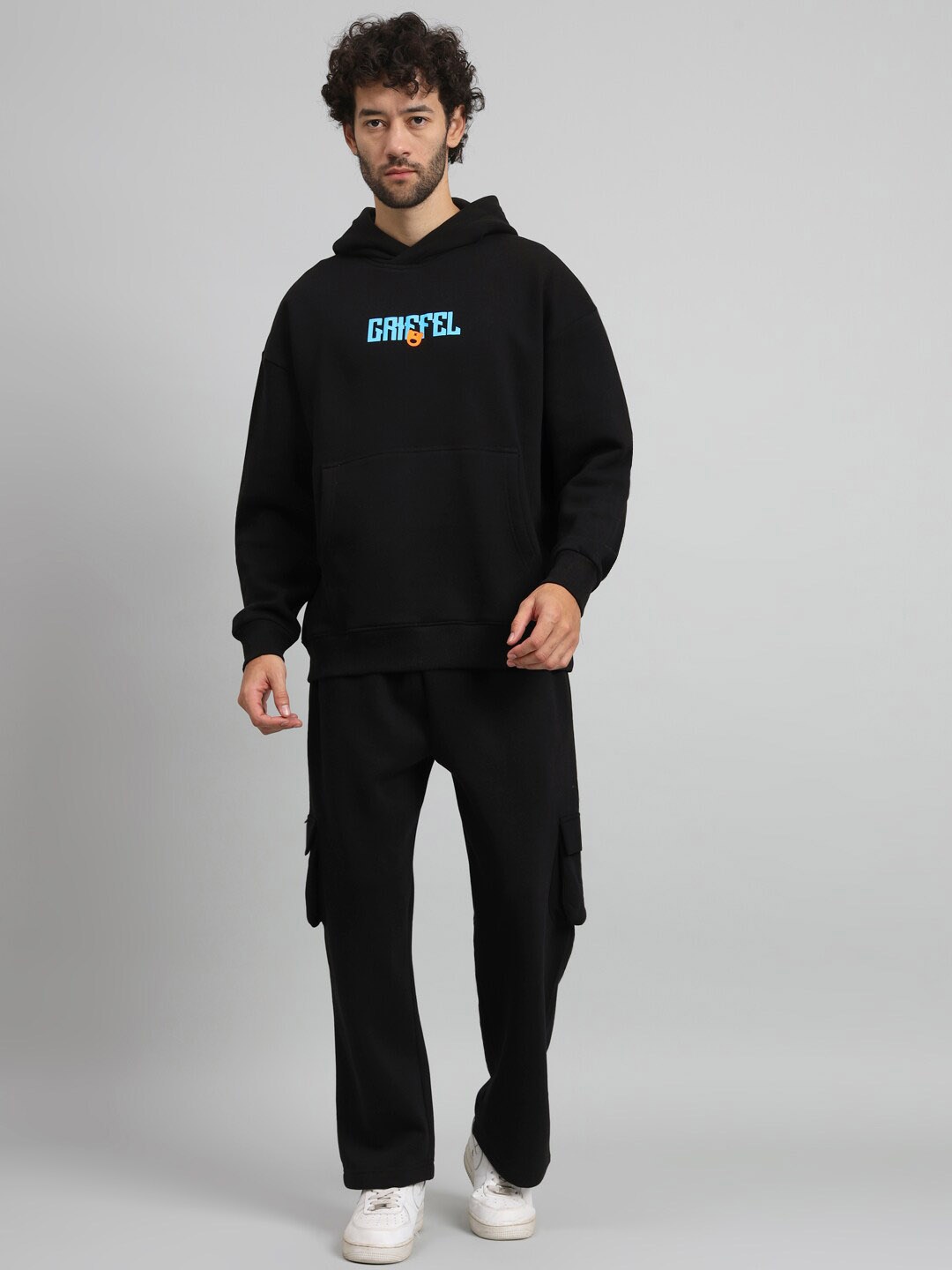 

GRIFFEL Typography Printed Hooded Fleece Cotton Tracksuit, Black