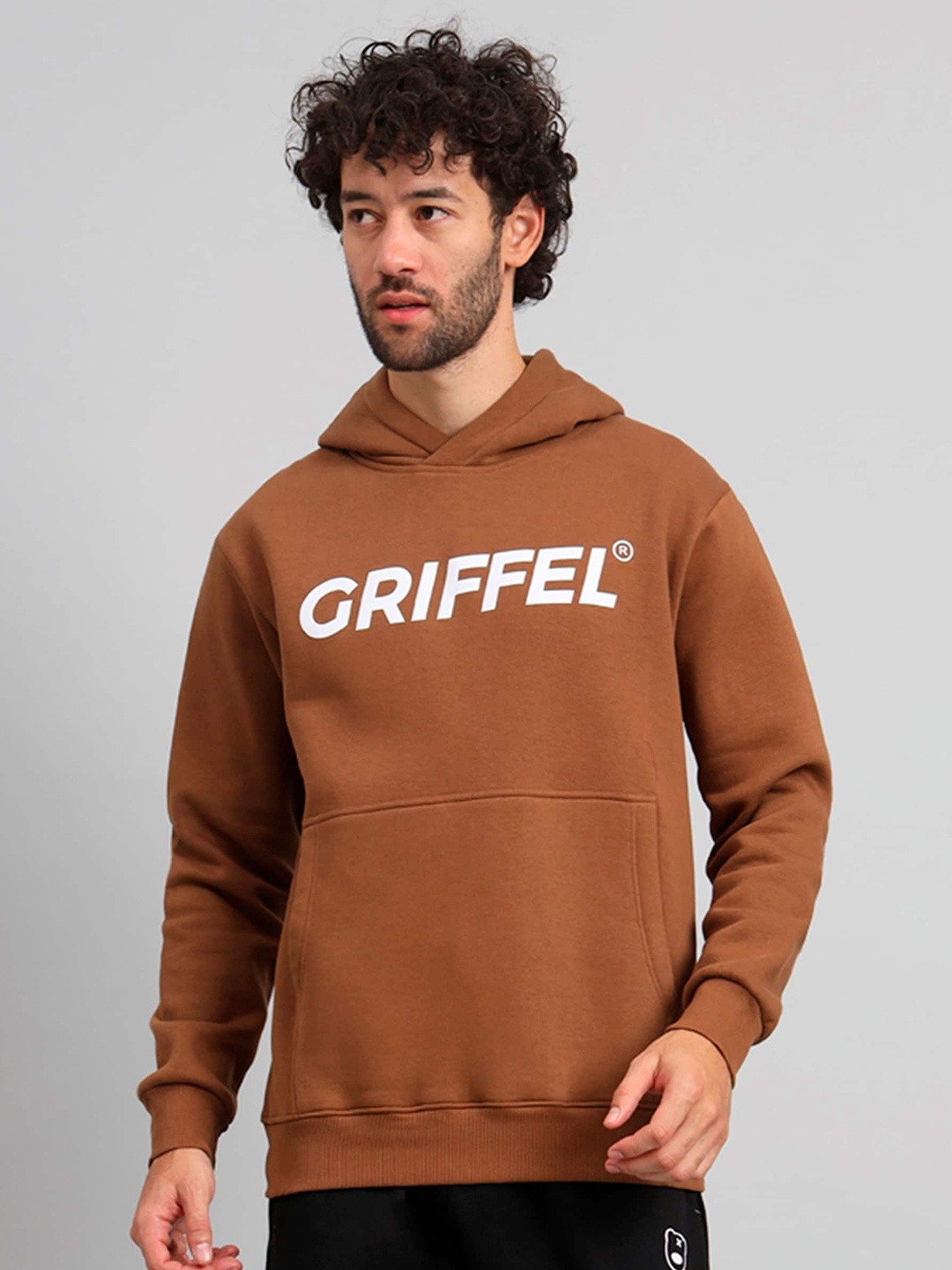 

GRIFFEL Typography Printed Hooded Pullover Fleece Sweatshirt, Brown