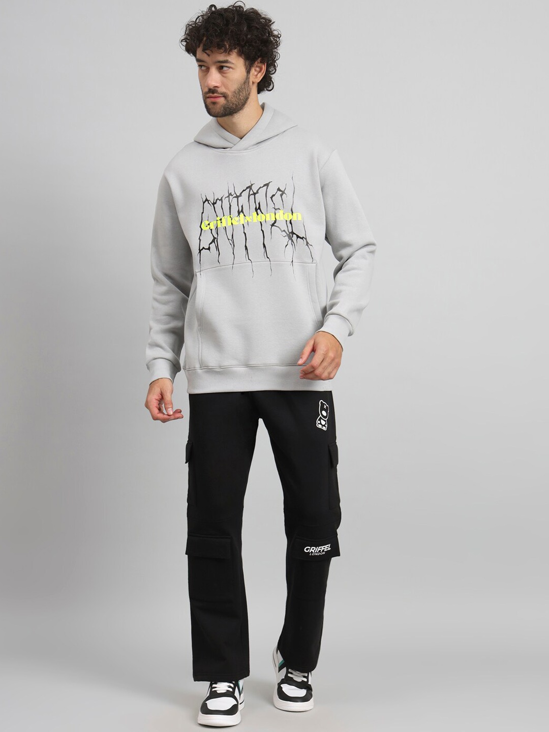 

GRIFFEL Typography Printed Hooded Fleece Cotton Tracksuit, Grey