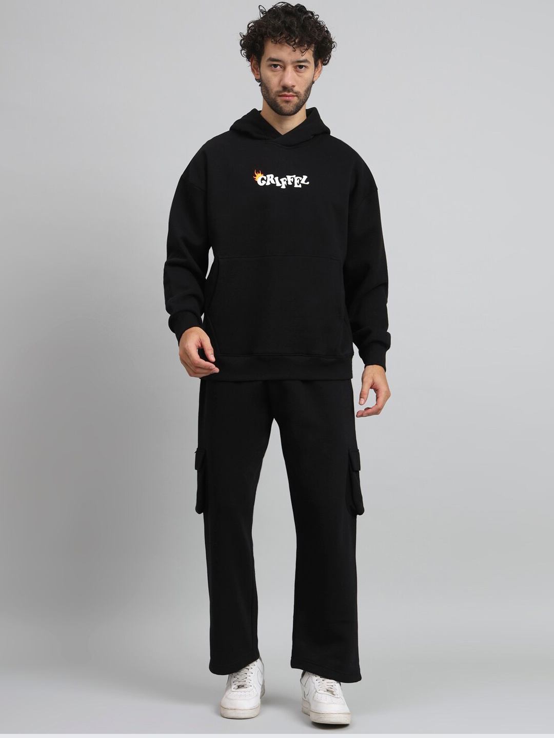

GRIFFEL Printed Hooded Neck Cotton Fleece Sweatshirt With Pants, Black
