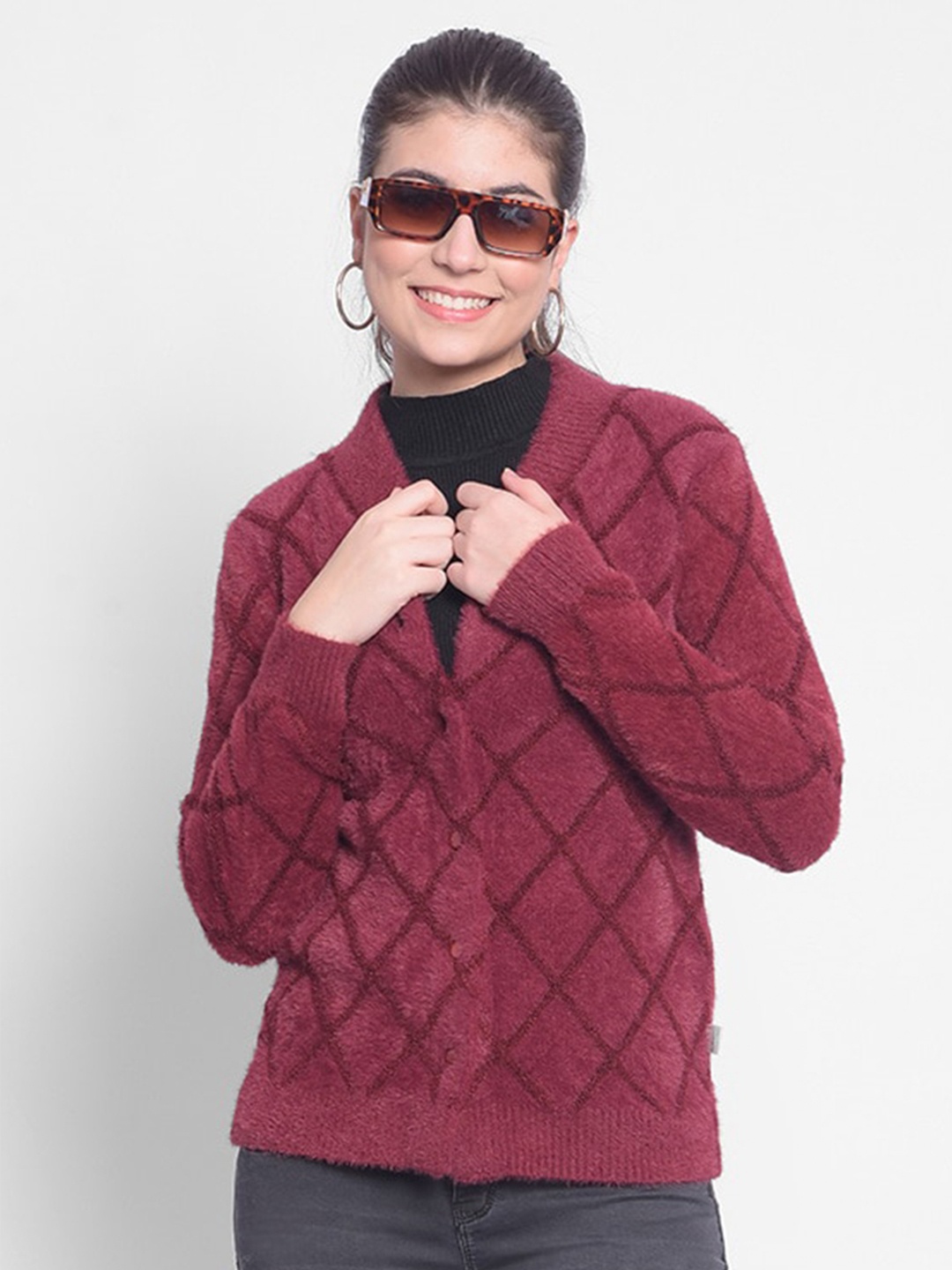 

Crimsoune Club Checked Cardigan Sweater, Burgundy