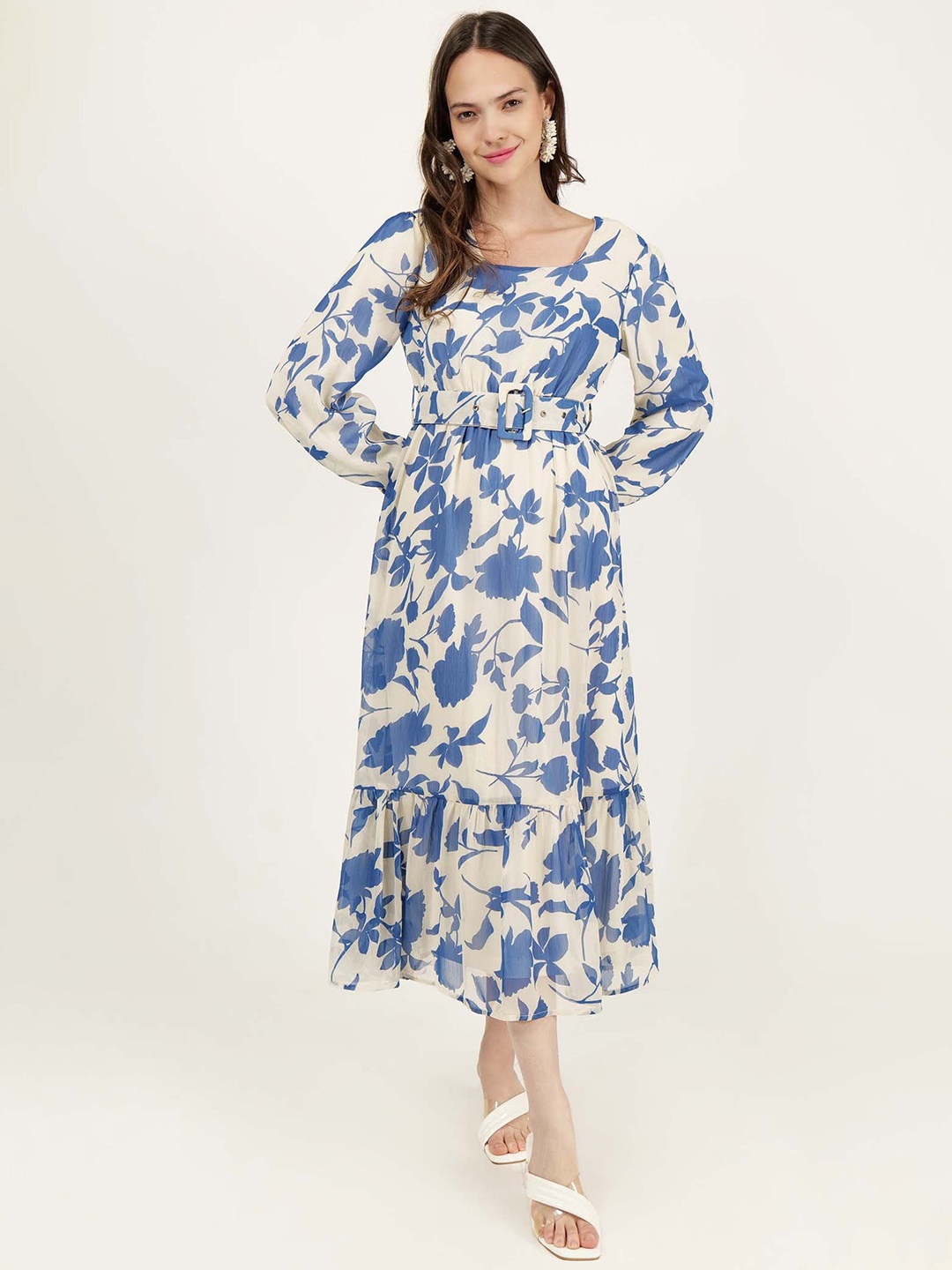 

DRIRO Floral Print Puff Sleeve A-Line Midi Dress, Blue