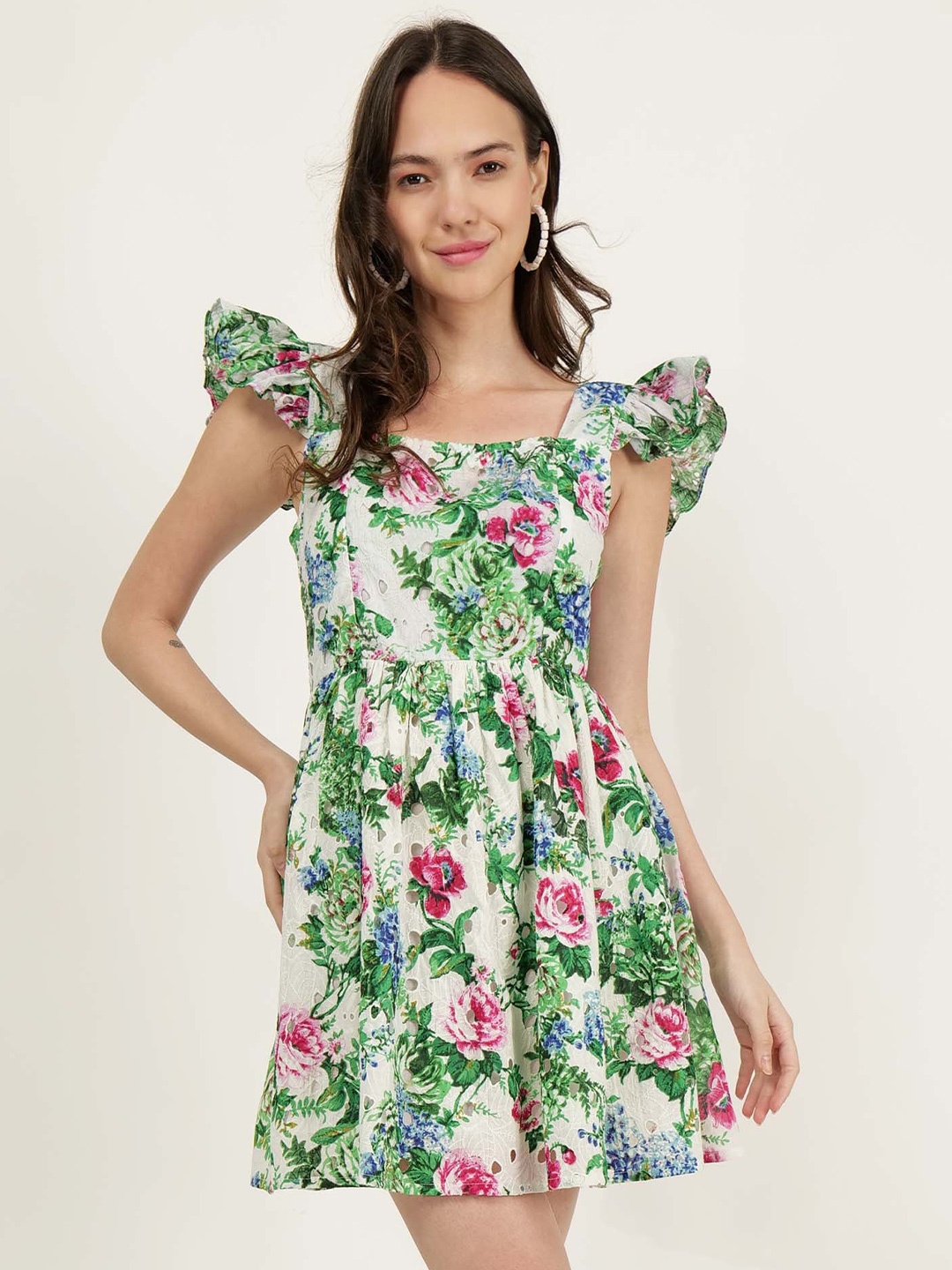 DRIRO Floral Printed Flutter Sleeve Cotton Fit & Flare Dress, White