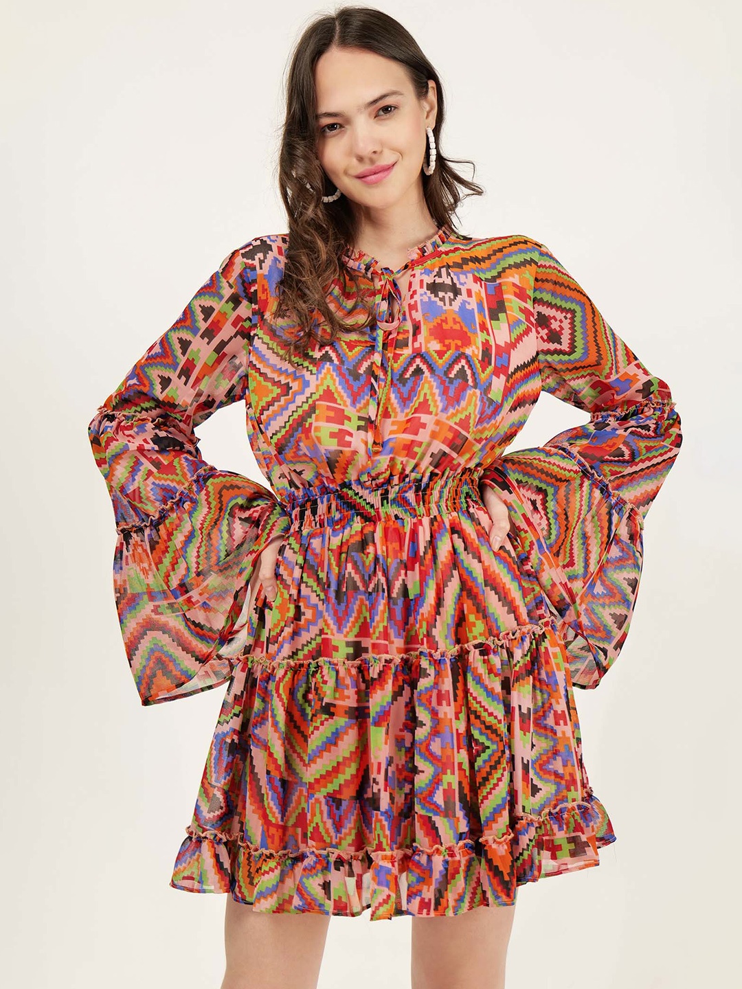 DRIRO Abstract Printed Tie-Up Neck Bell Sleeve Fit & Flare Dress, Orange