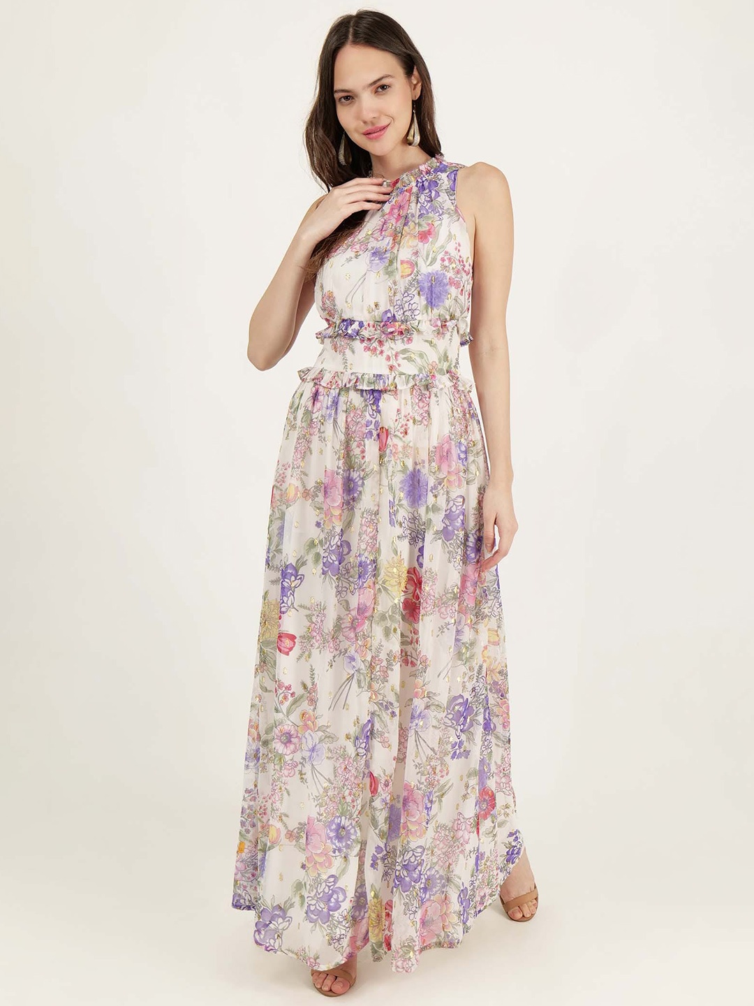 

DRIRO Floral Printed Round Neck Sleeveless Ruffled Maxi Dress, Multi