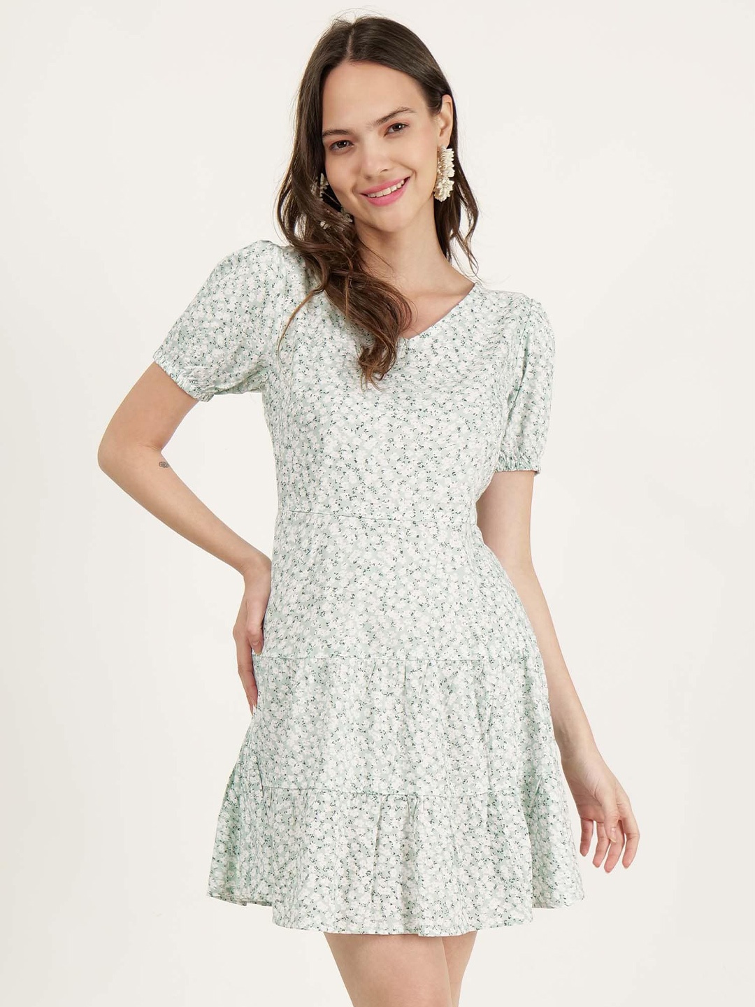 

DRIRO Floral Printed Tiered Gathered Fit & Flare Mini Dress, Green