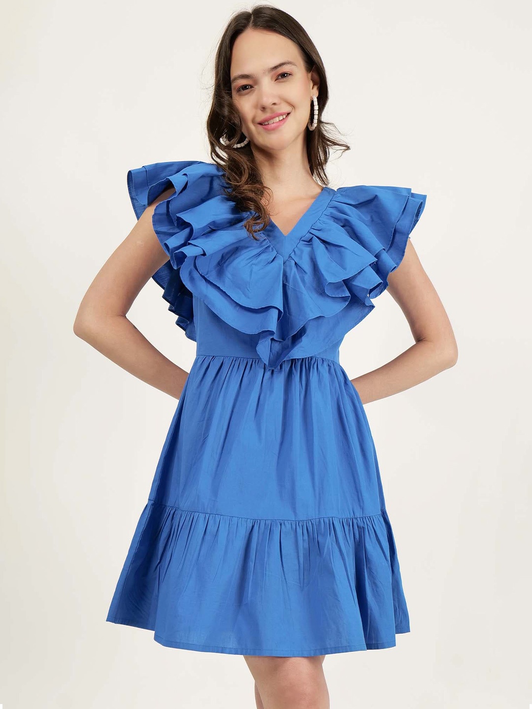 

DRIRO V-Neck Flutter Sleeve Pure Cotton Ruffled Fit & Flare Dress, Blue