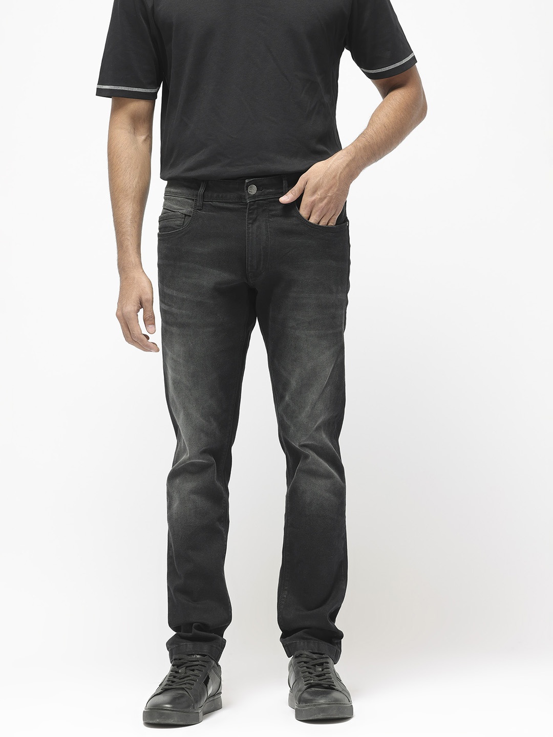 RARE RABBIT Men Hawkins Mid-Rise Slim Fit Stretchable Cotton Jeans, Charcoal