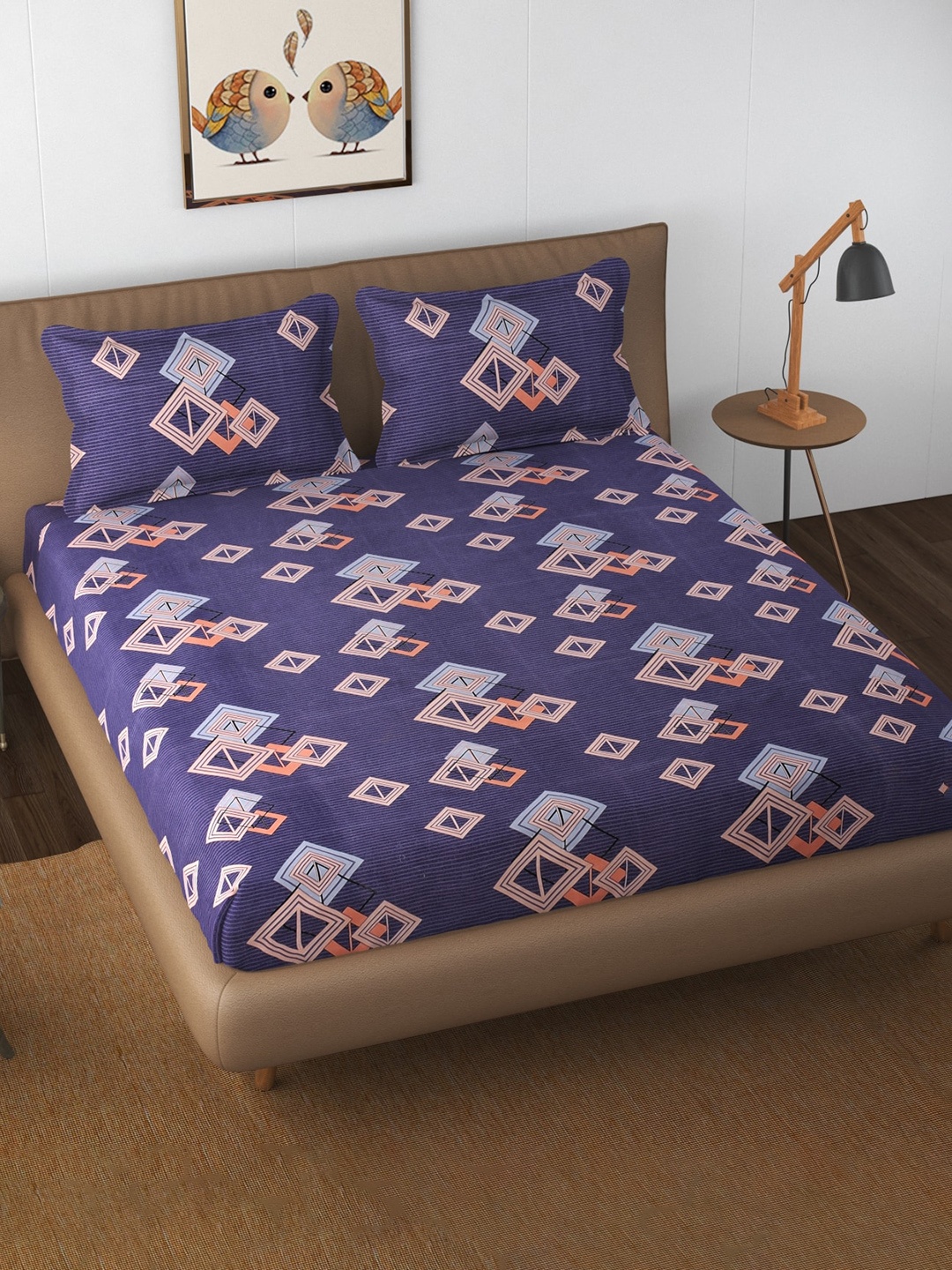 

Florida Blue & Peach Geometric Microfiber 144 TC Queen Bedsheet With 2 Pillow Covers