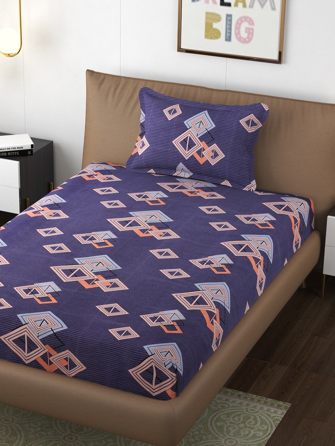 

Florida Blue & Pink Geometric Microfiber 144 TC Single Bedsheet with 1 Pillow Covers