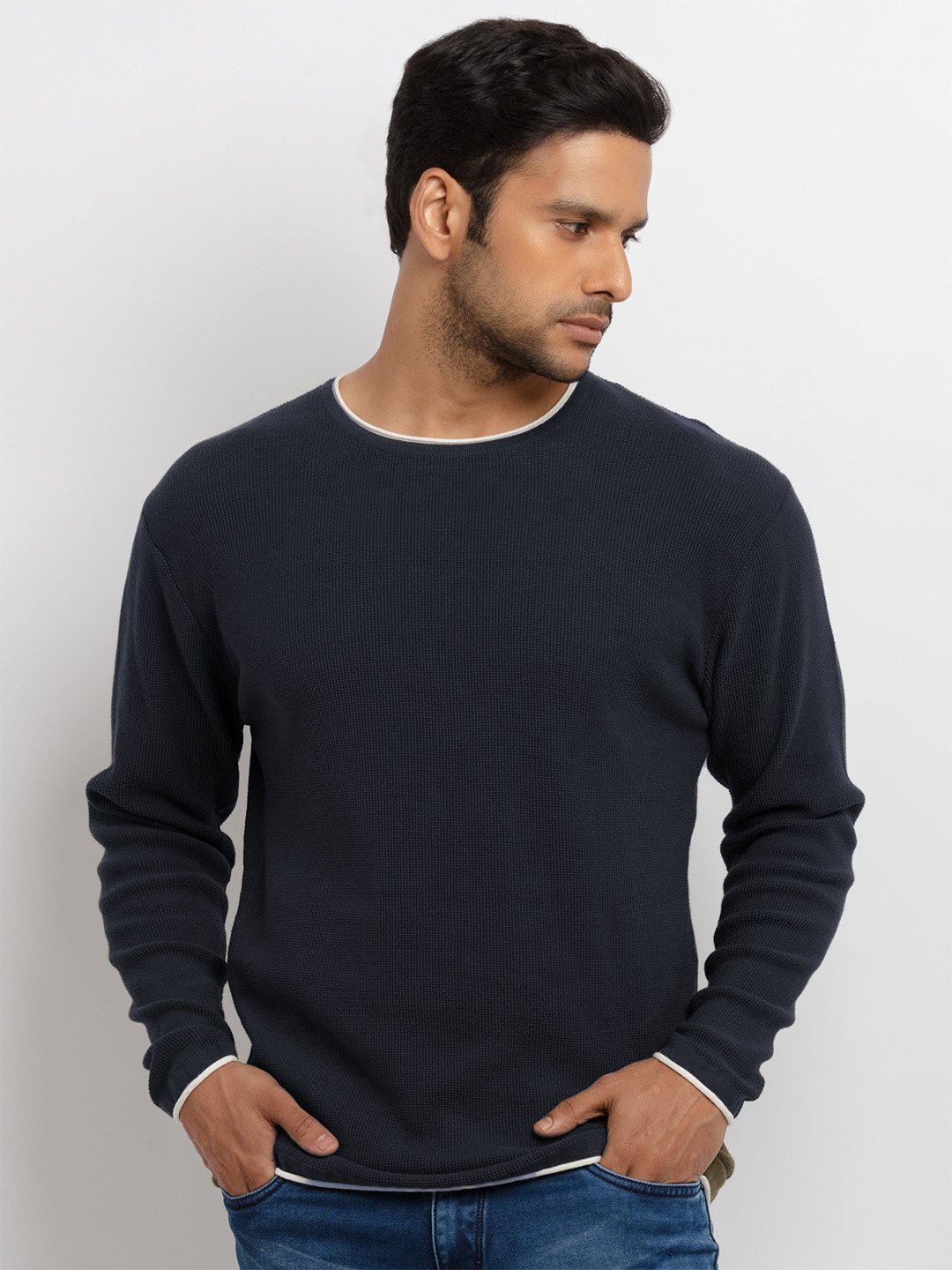 

Status Quo Round Neck Cotton Pullover, Navy blue