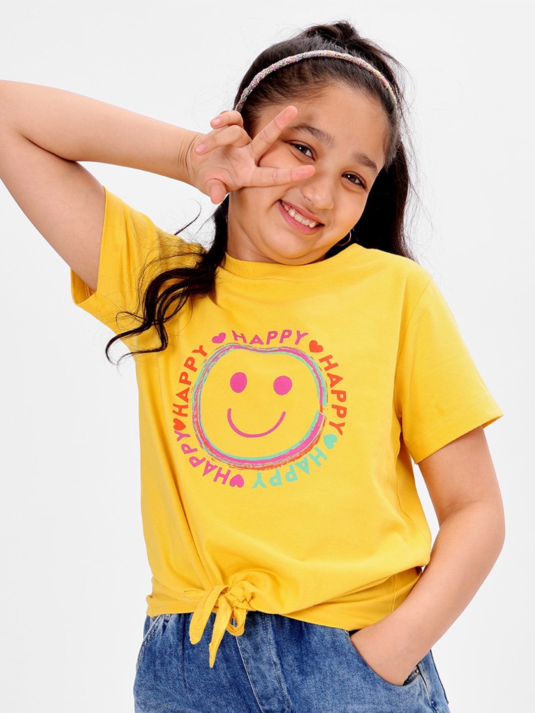 

BONKIDS Girls Typography Printed Cotton T-shirt, Yellow