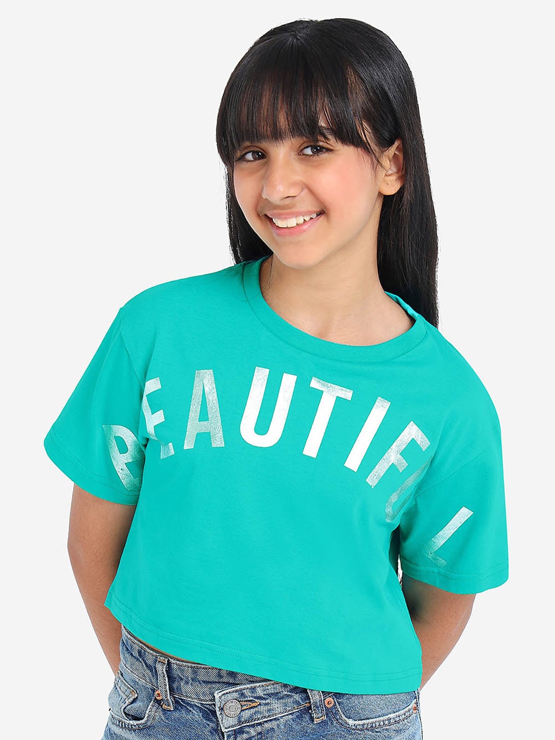 

BONKIDS Girls Typography Printed Crop Cotton T-shirt, Sea green