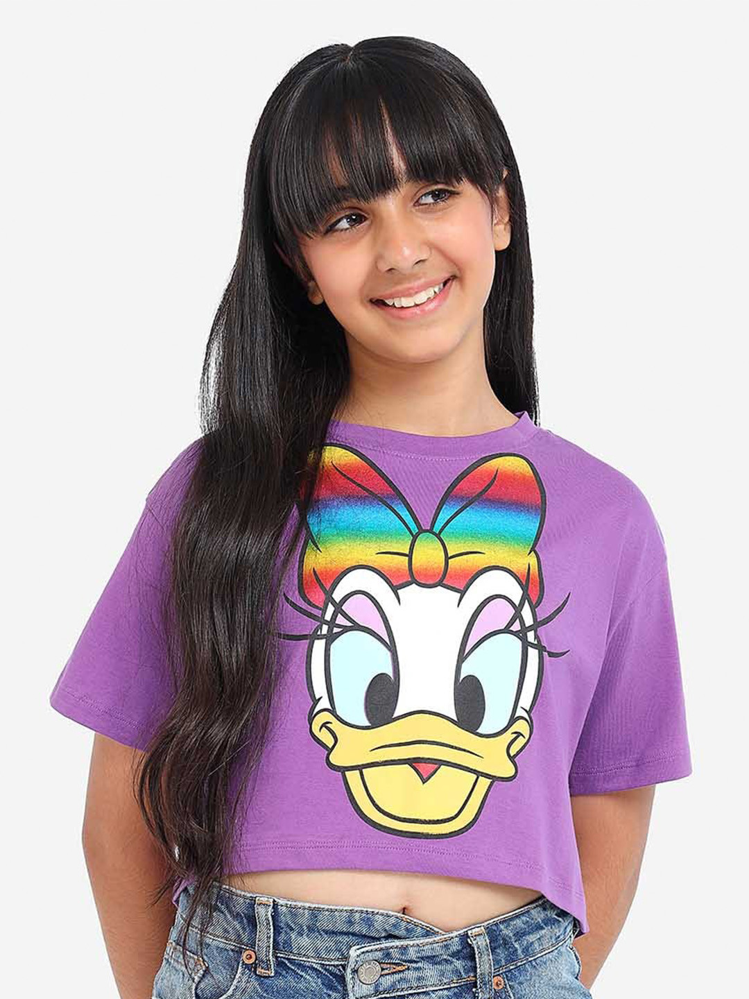

BONKIDS Girls Minnie Mouse Printed Crop Cotton T-shirt, Lavender