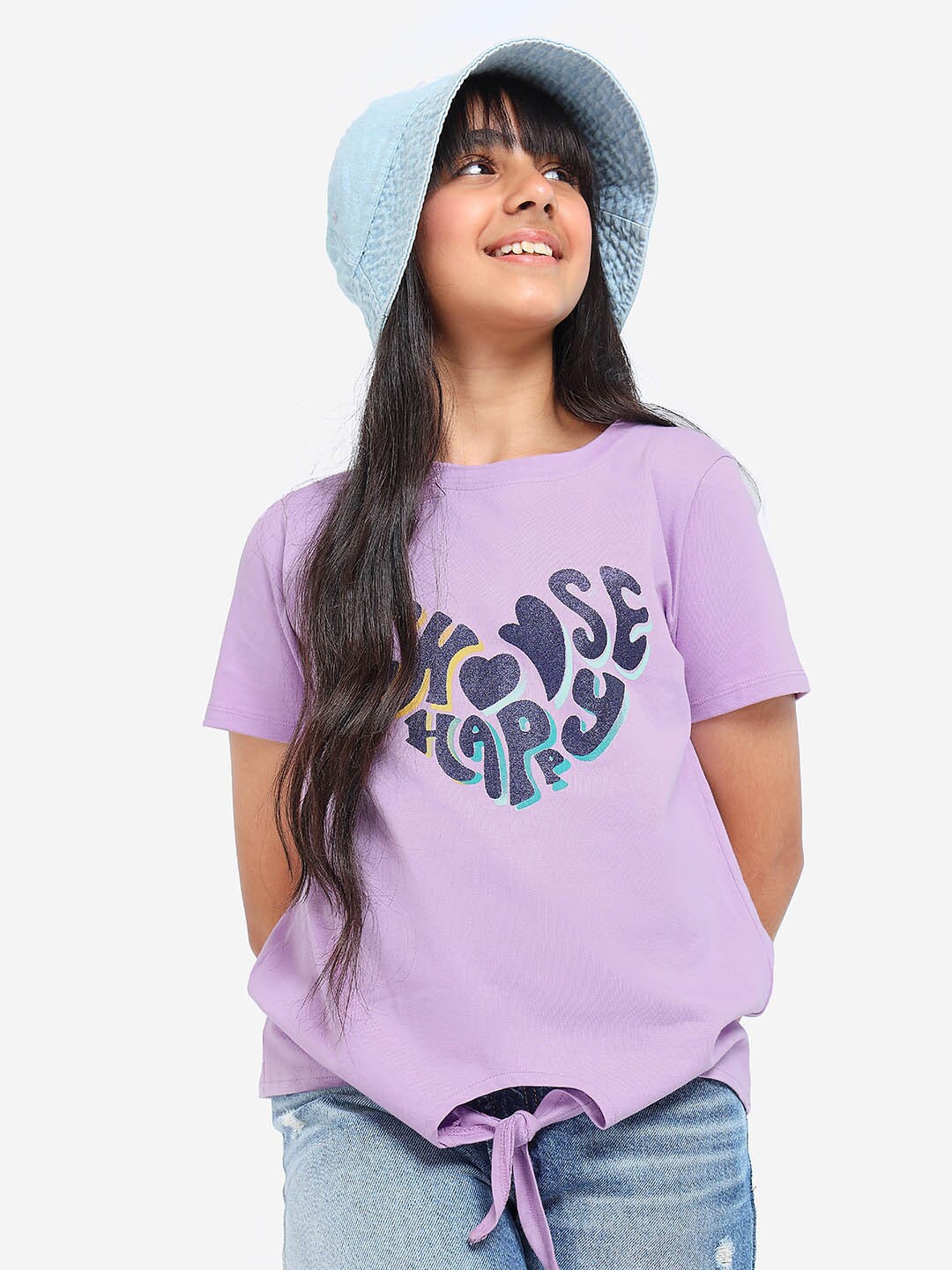 

BONKIDS Girls Typography Printed Cotton T-shirt, Lavender