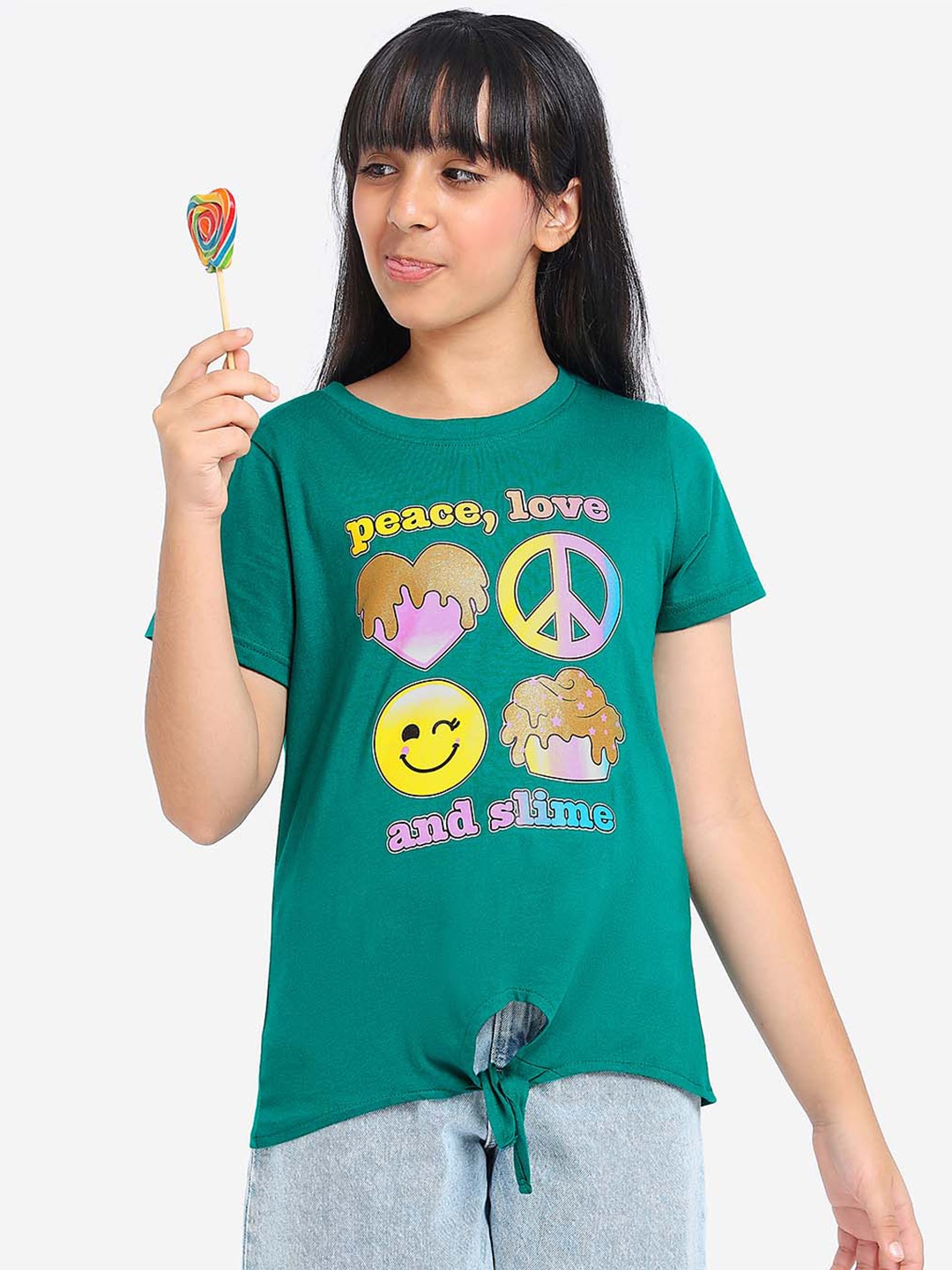 

BONKIDS Girls Graphic Printed Cotton T-shirt, Green