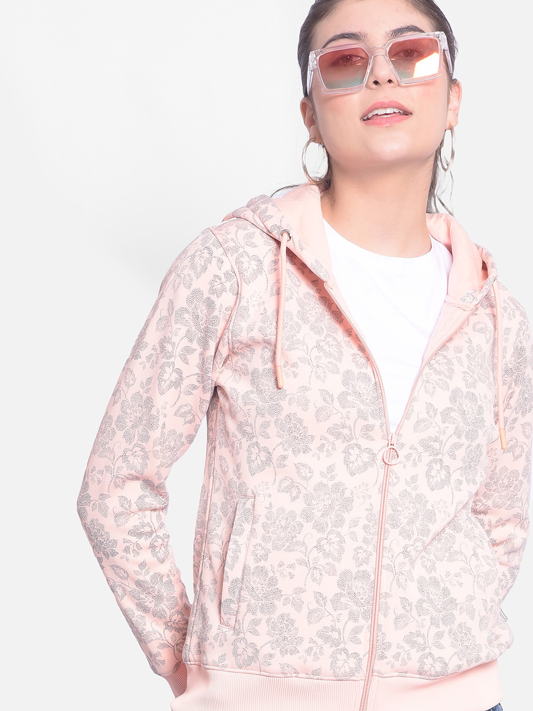 

Crimsoune Club Floral Printed Long Sleeves Hood Front-Open Sweatshirt, Peach