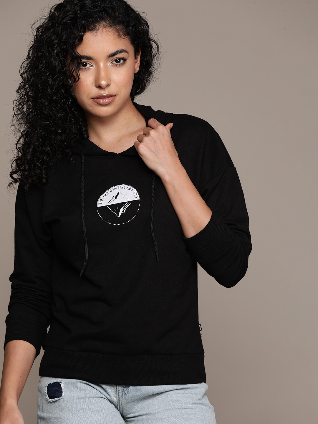 

Roadster Women Printed Hooded Sweatshirt, Black