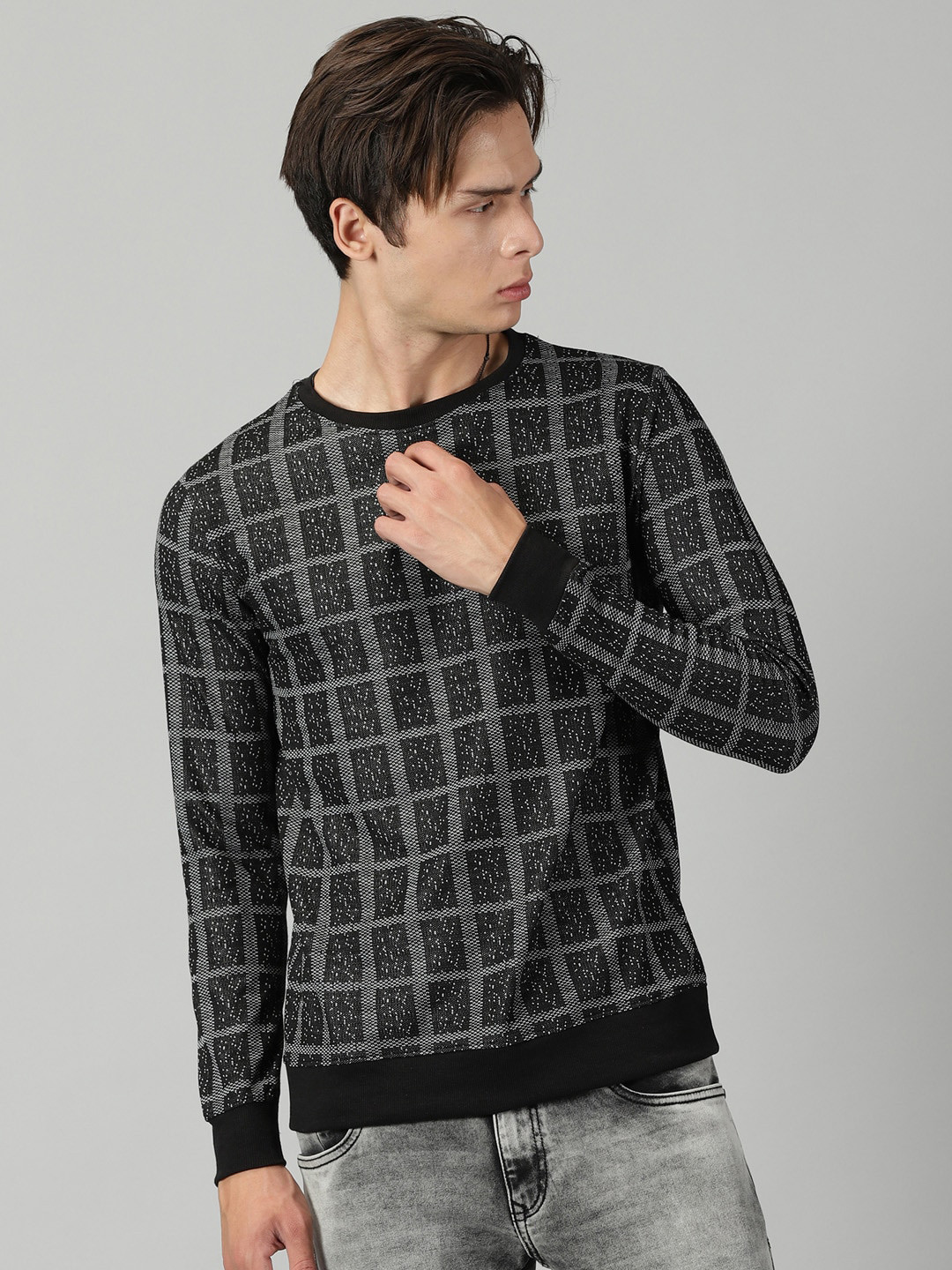 

Rodzen Checked Pure Cotton Long Sleeves Pullover, Black