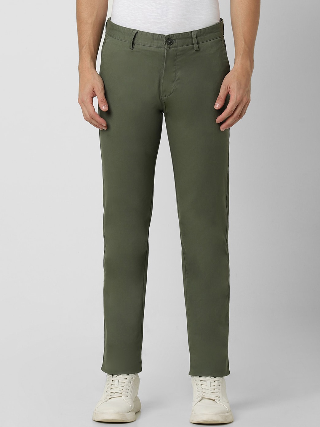 

Peter England Casuals Men Slim Fit Mid-Rise Plain Cotton Regular Trousers, Olive